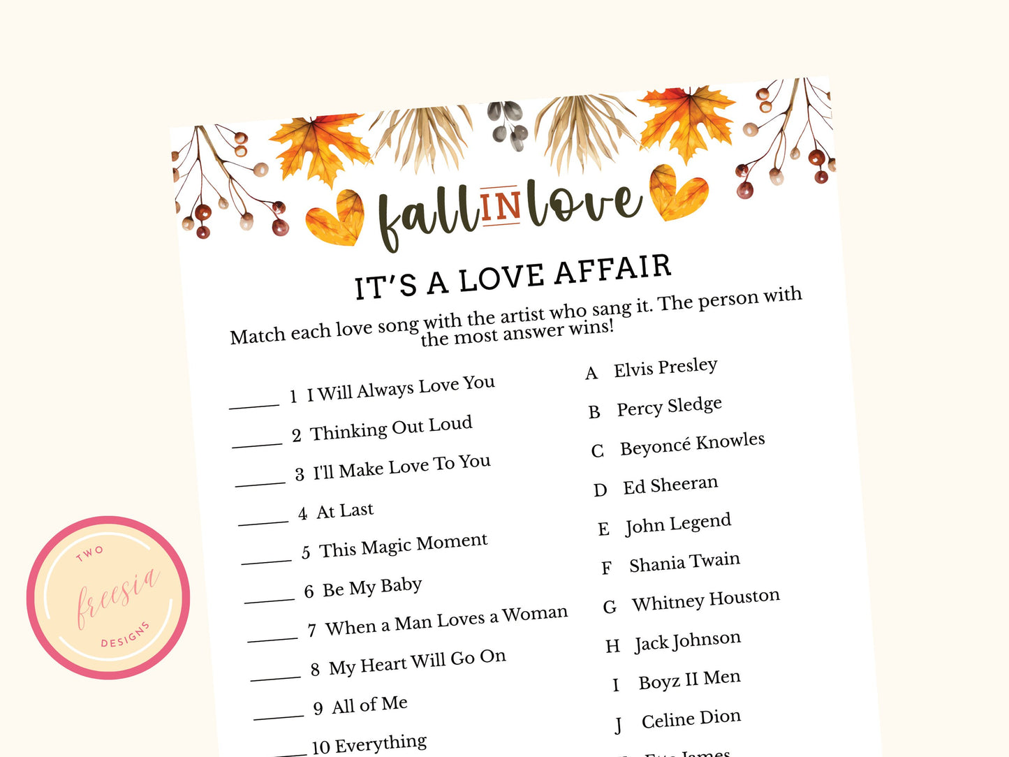 Love Song Trivia - Fall Bridal Shower Party Game