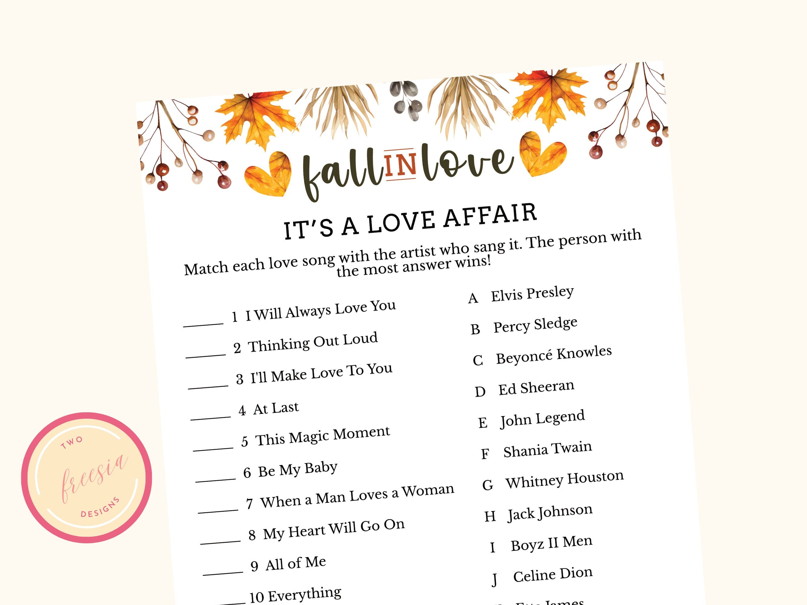 Love Song Trivia - Fall Bridal Shower Party Game
