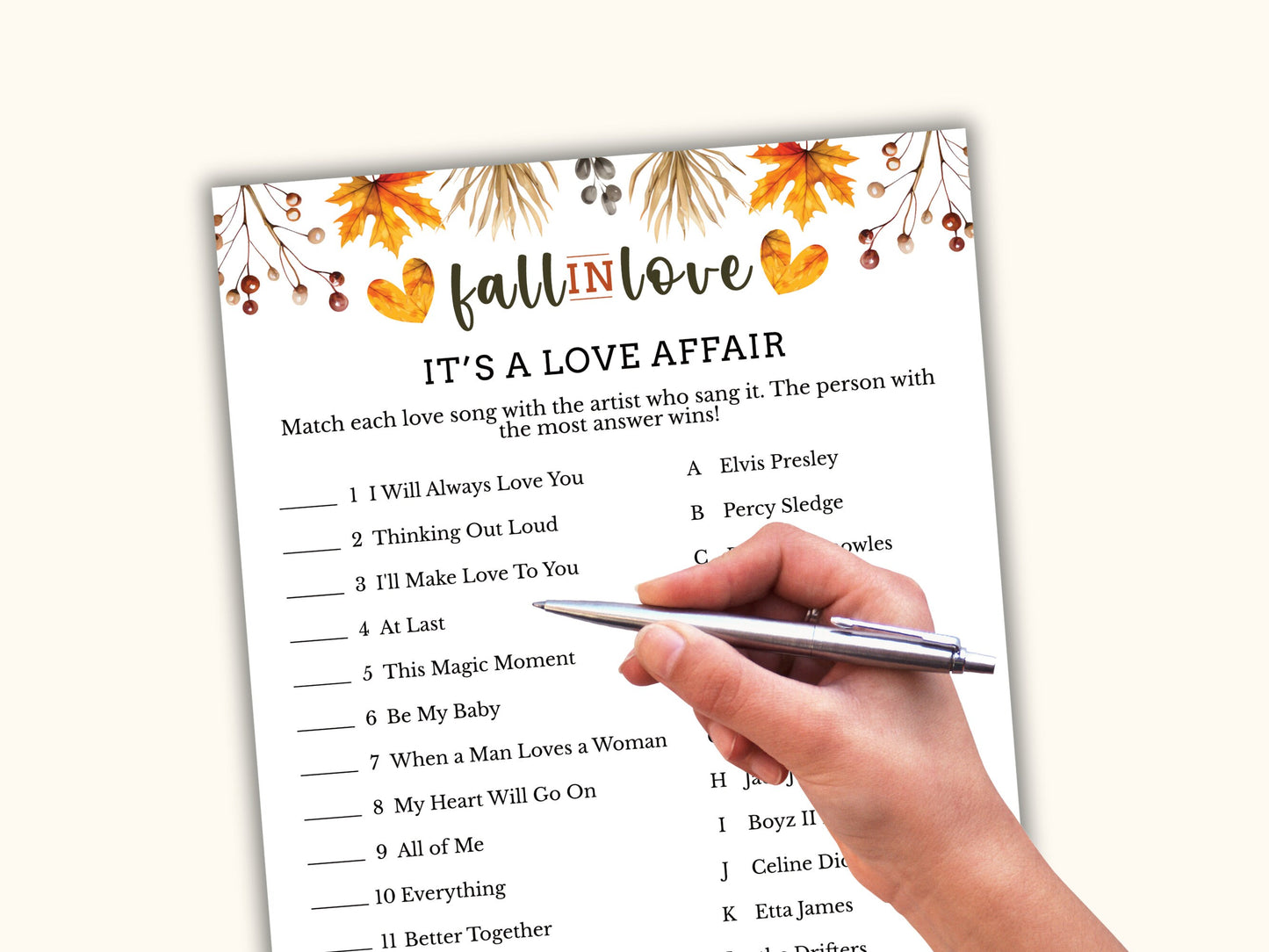 Love Song Trivia - Fall Bridal Shower Party Game