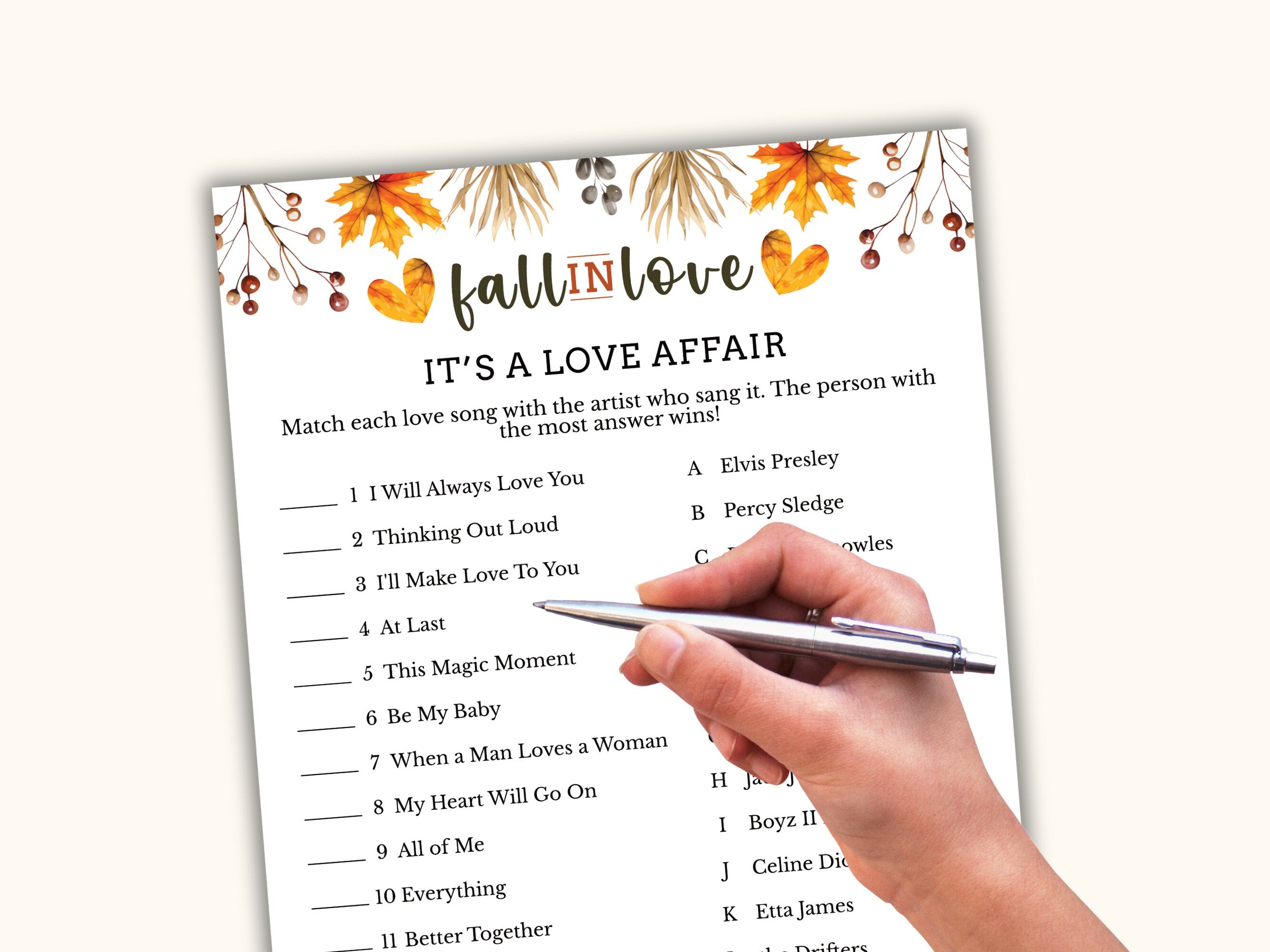 Love Song Trivia - Fall Bridal Shower Party Game