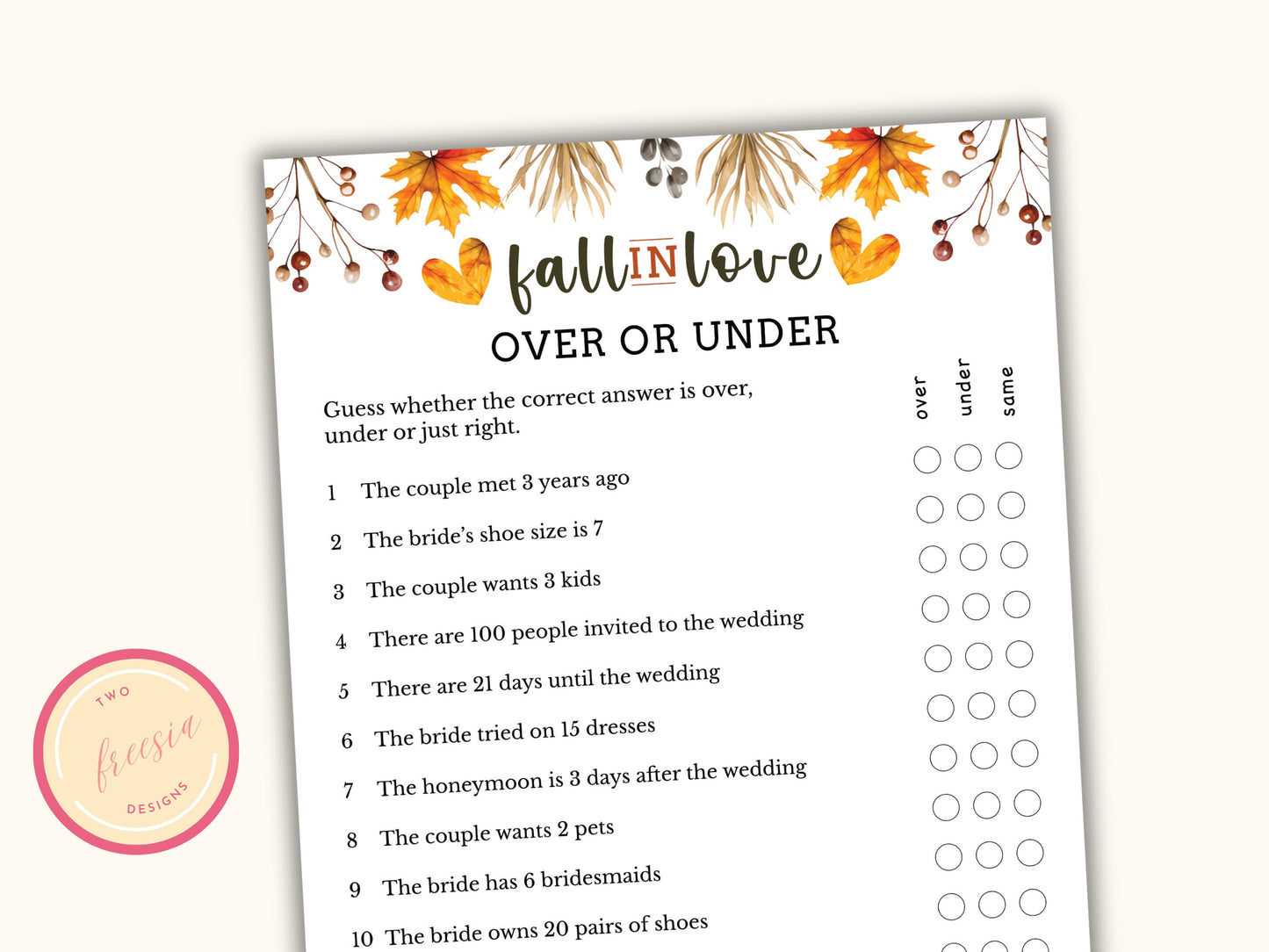 Fall Bridal Shower Party Game - Over or Under