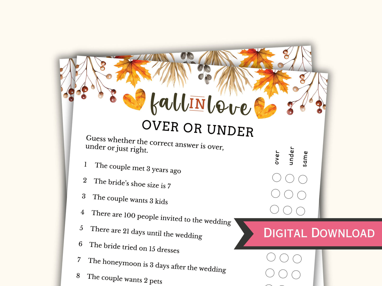 Fall Bridal Shower Party Game - Over or Under