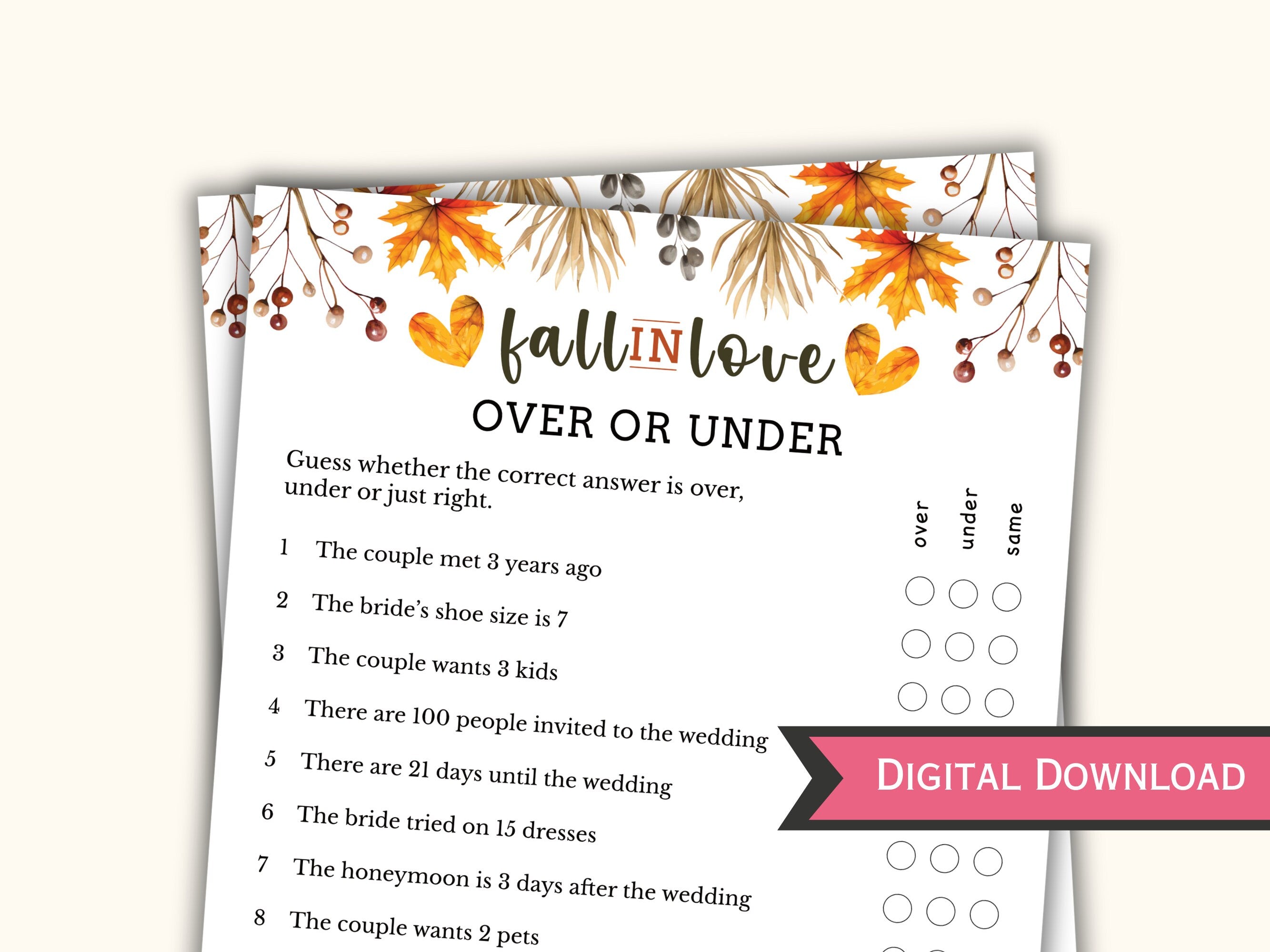 Fall Bridal Shower Party Game - Over or Under