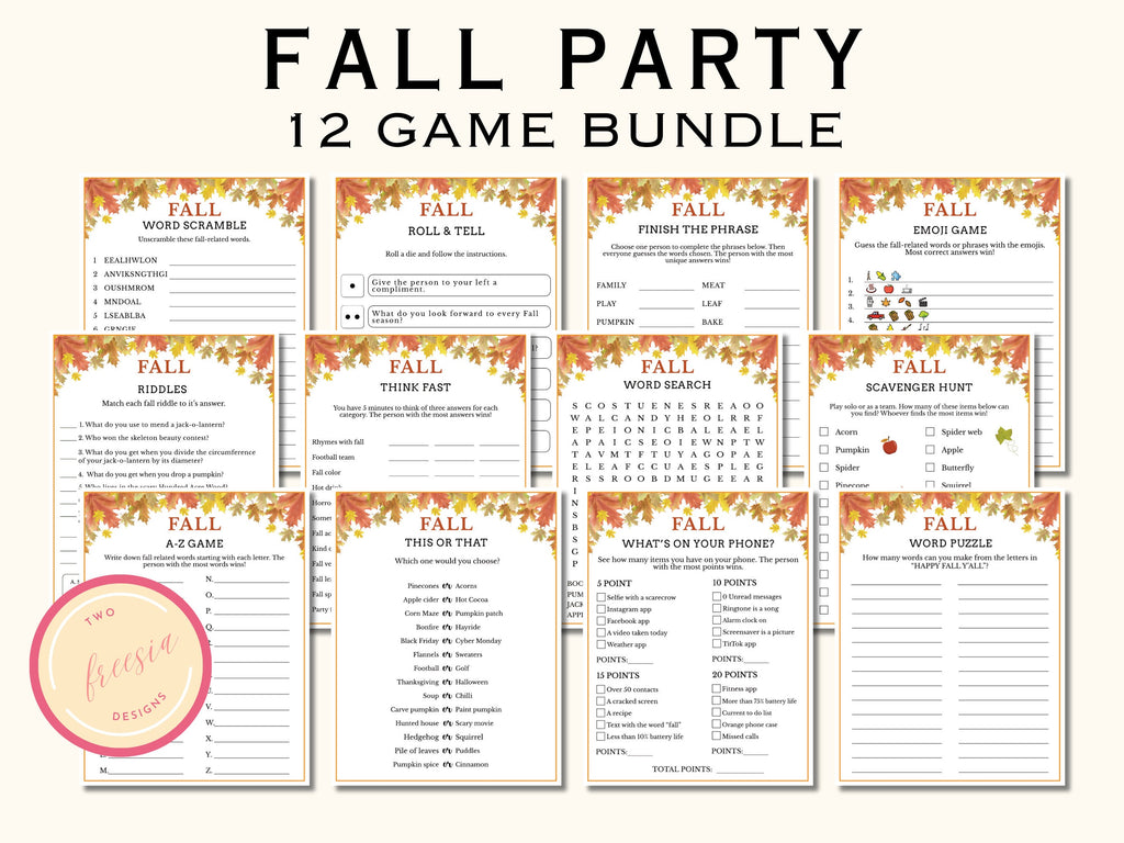 Fall Party Game Bundle - 12 Printable Games