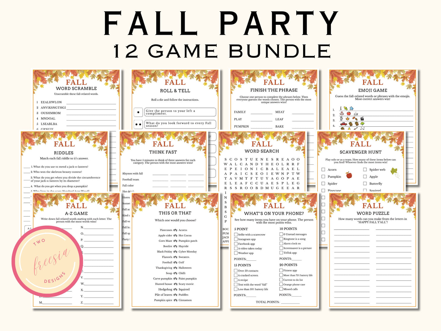 Fall Party Game Bundle - 12 Printable Games