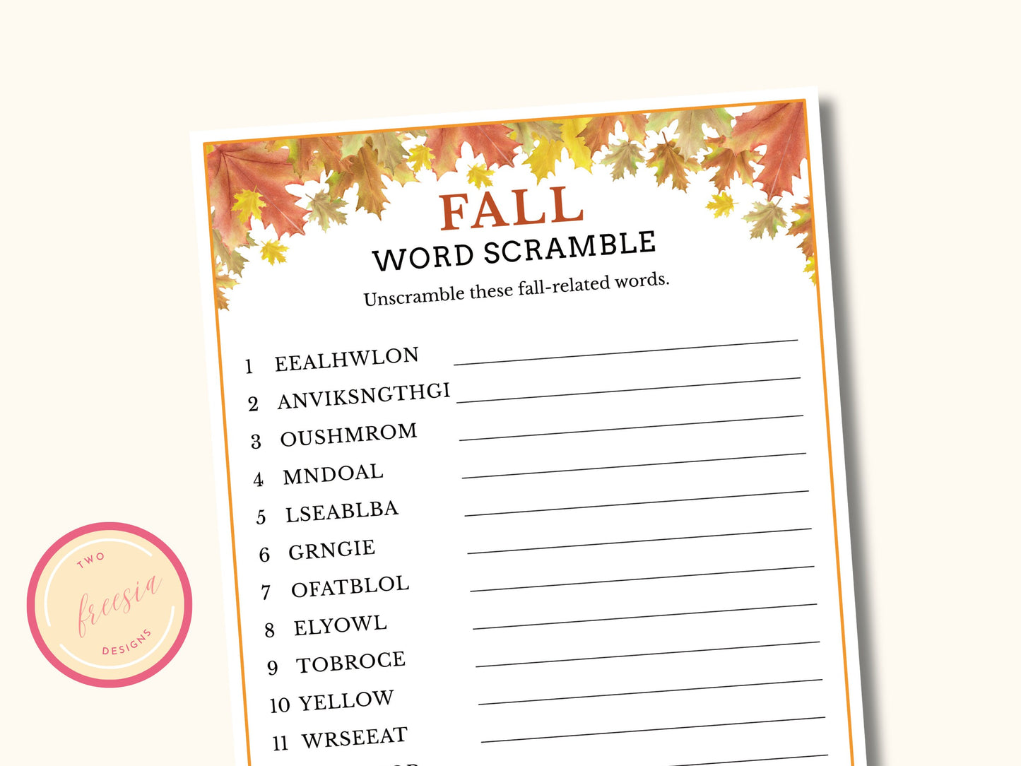 Fall Word Scramble Game