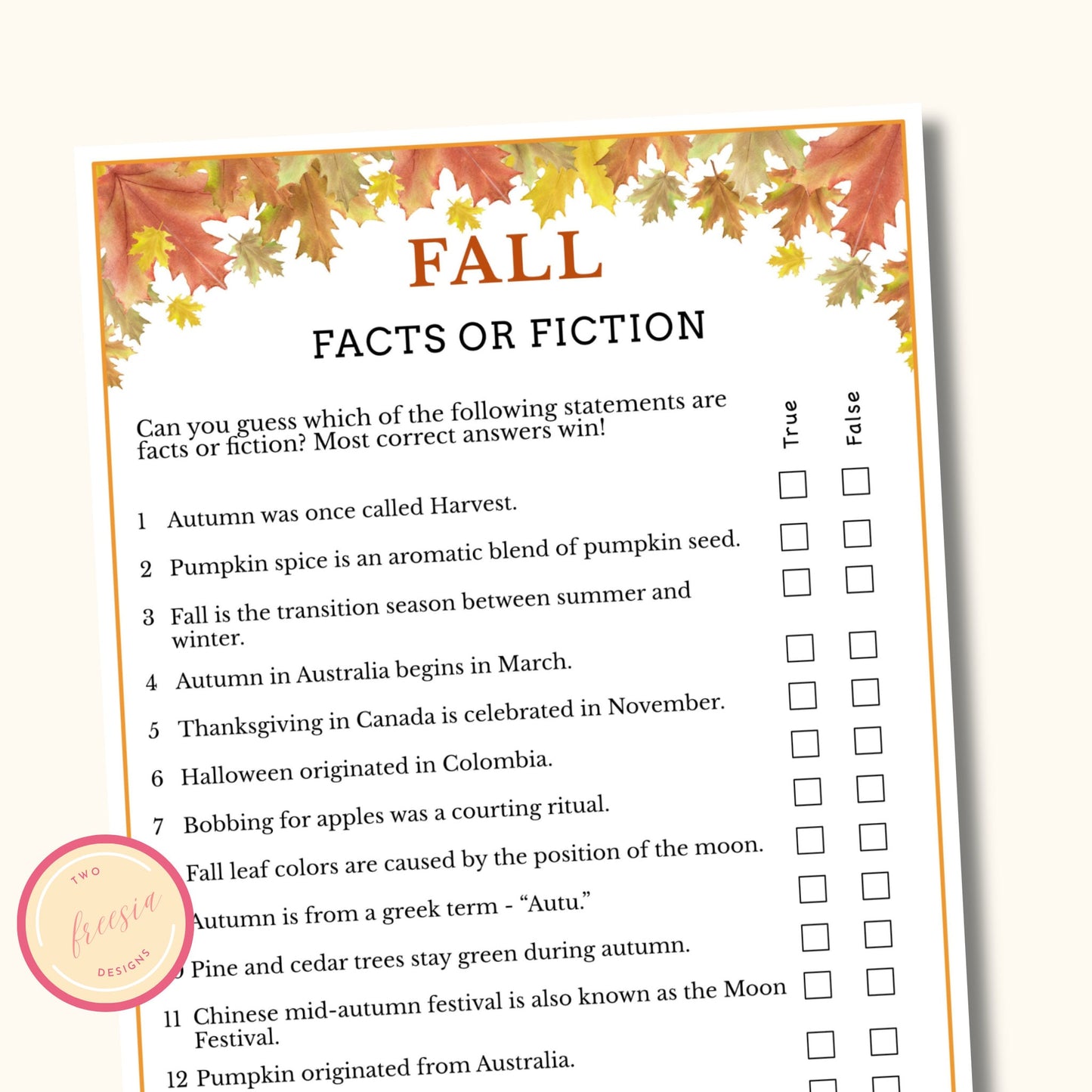 Facts or Fiction Game - Fall Printable Game