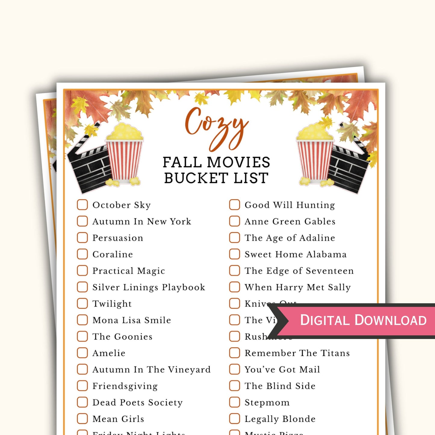 Cozy Fall Movies Bucket List - Printable Game