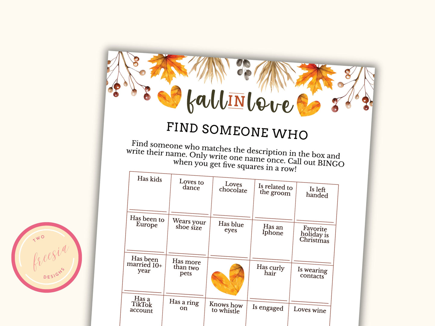 Find the Guest Bingo Card - Fall Bridal Shower Party Game