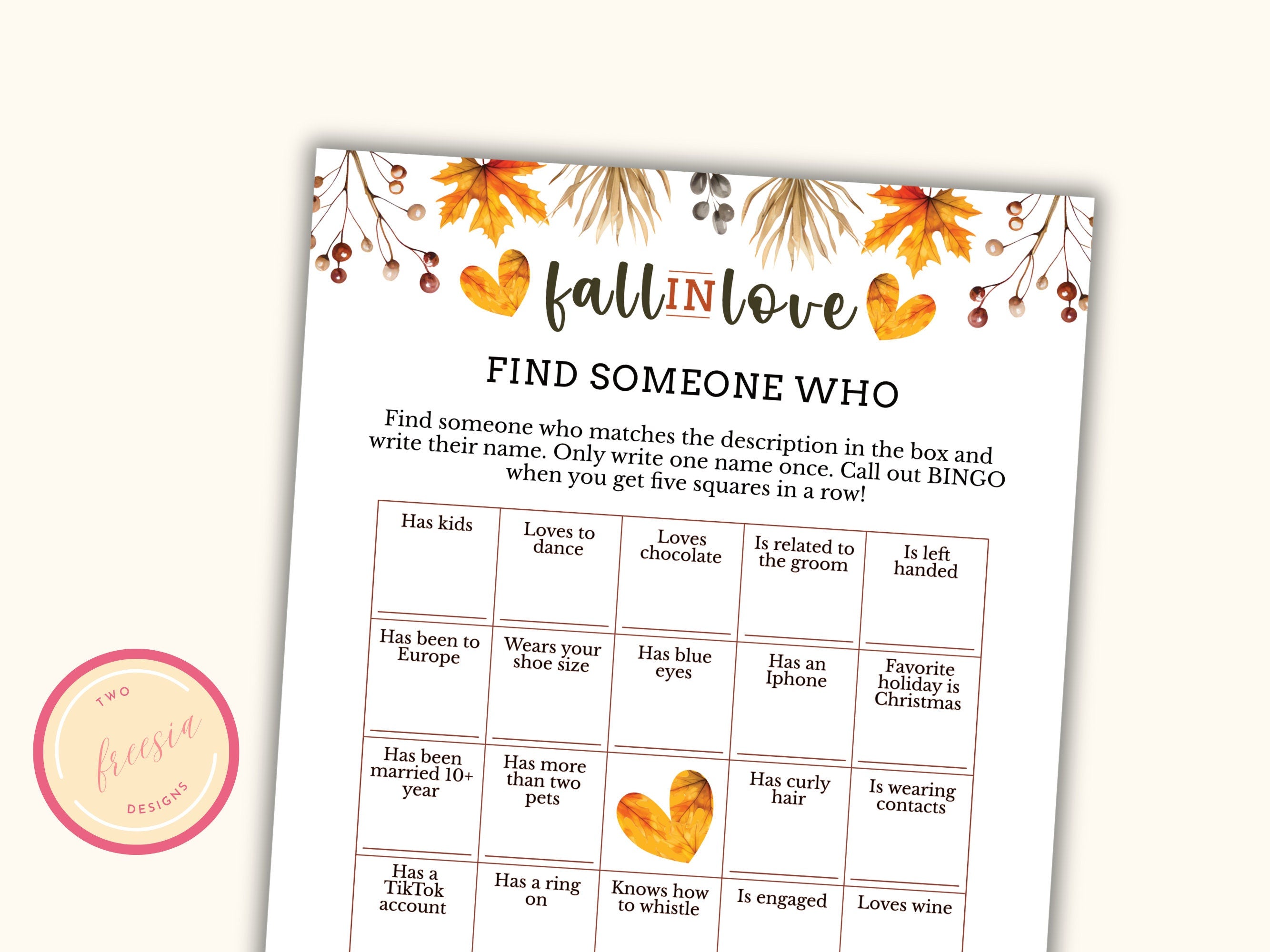 Find the Guest Bingo Card - Fall Bridal Shower Party Game