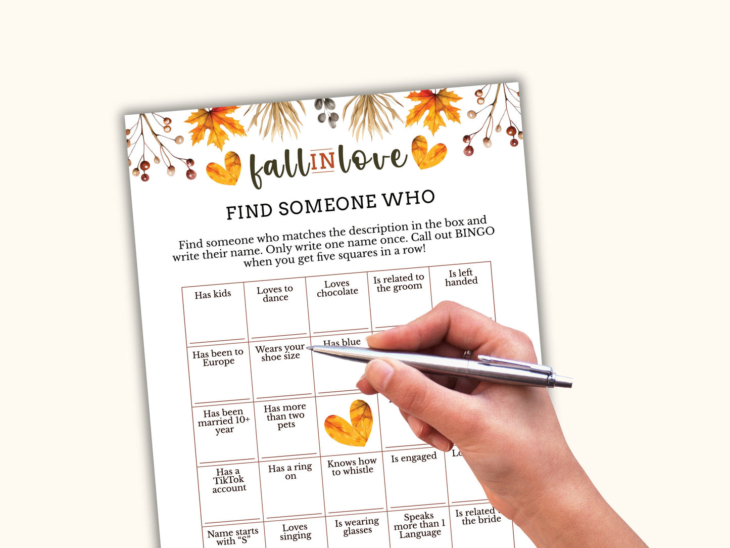 Find the Guest Bingo Card - Fall Bridal Shower Party Game