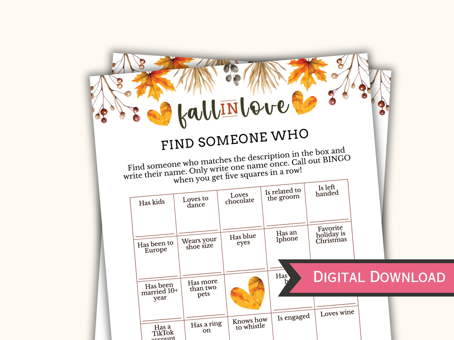 Find the Guest Bingo Card - Fall Bridal Shower Party Game