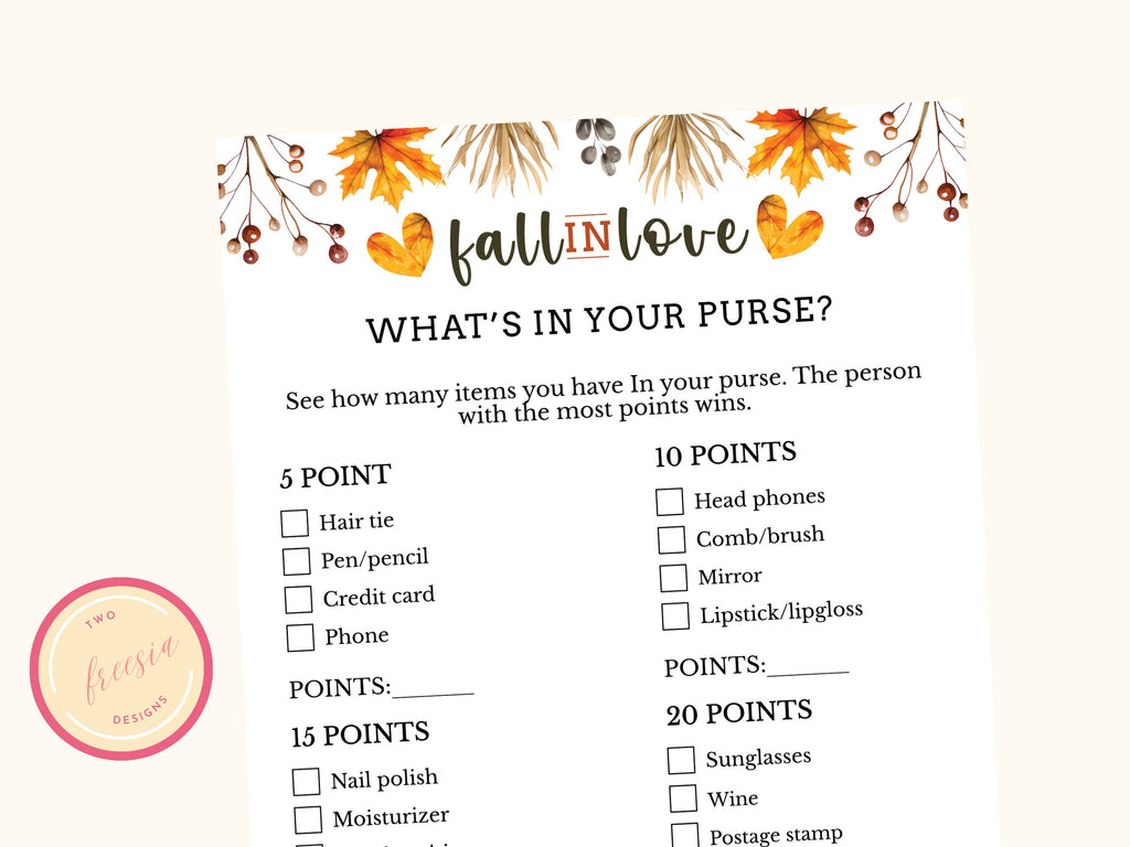 What's in your Purse Game - Fall Bridal Shower Party Game