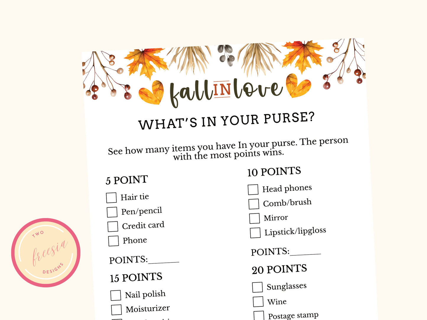 What's in your Purse Game - Fall Bridal Shower Party Game