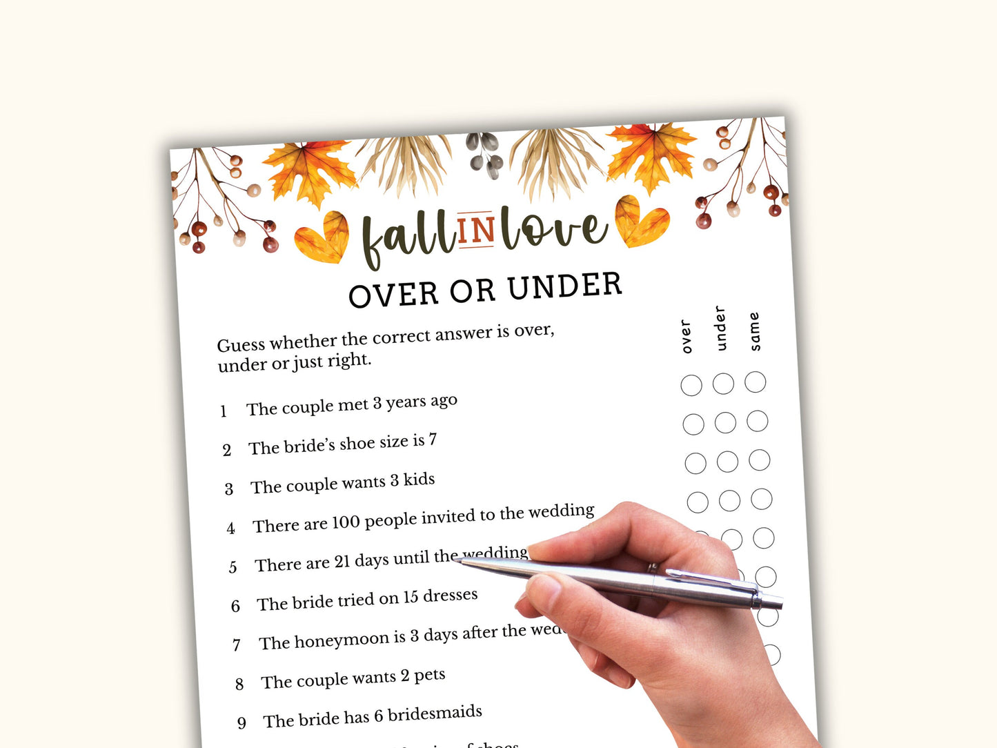 Fall Bridal Shower Party Game - Over or Under