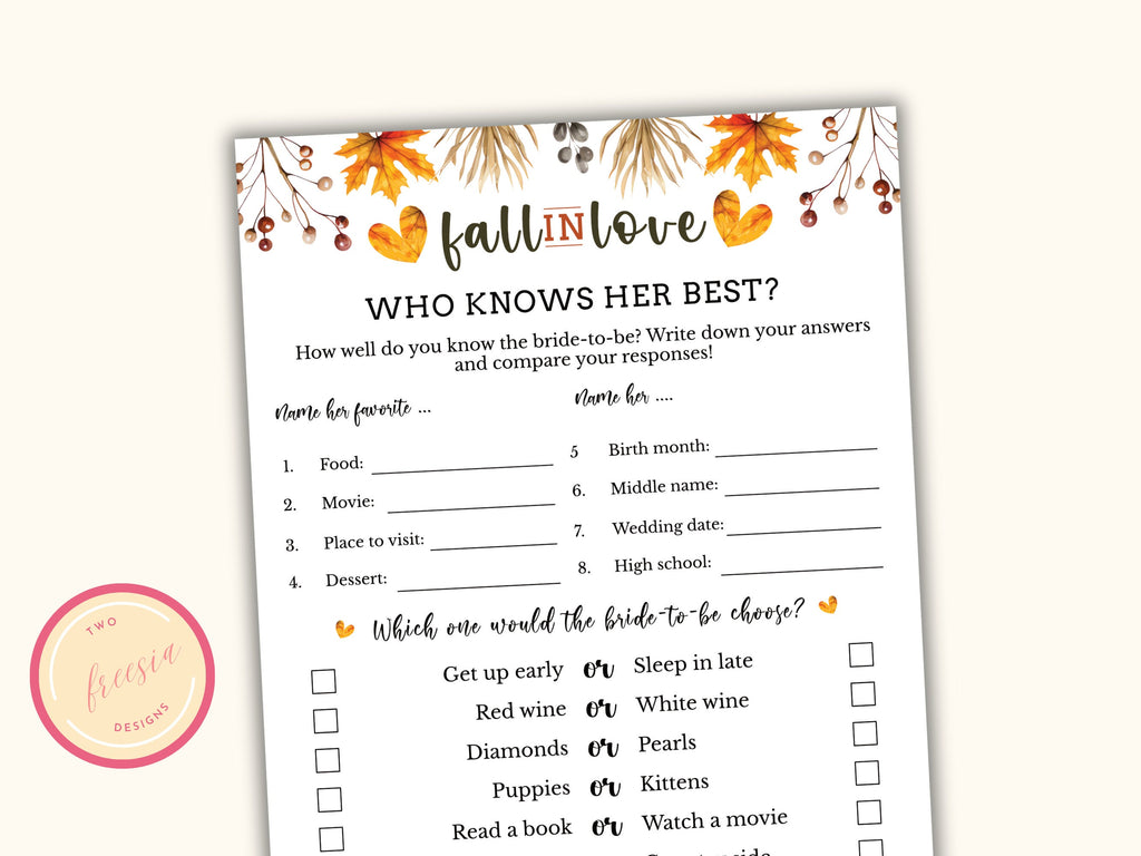 Who knows Her Best - Fall Bridal Shower Party Game