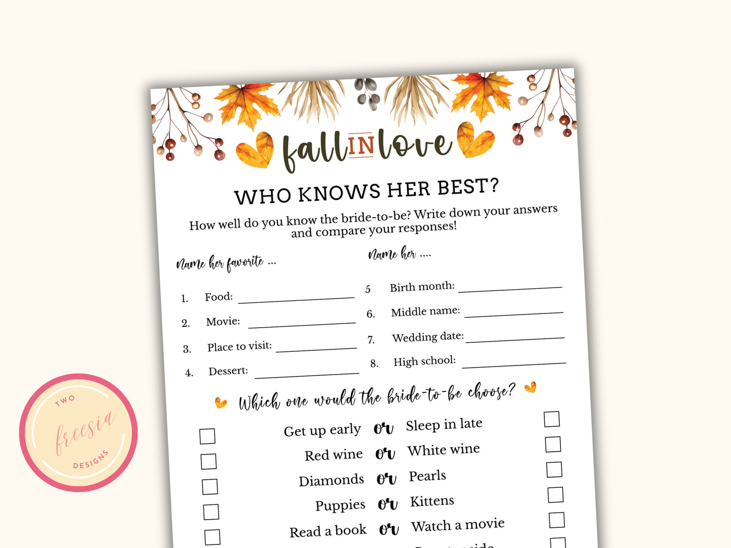 Who knows Her Best - Fall Bridal Shower Party Game