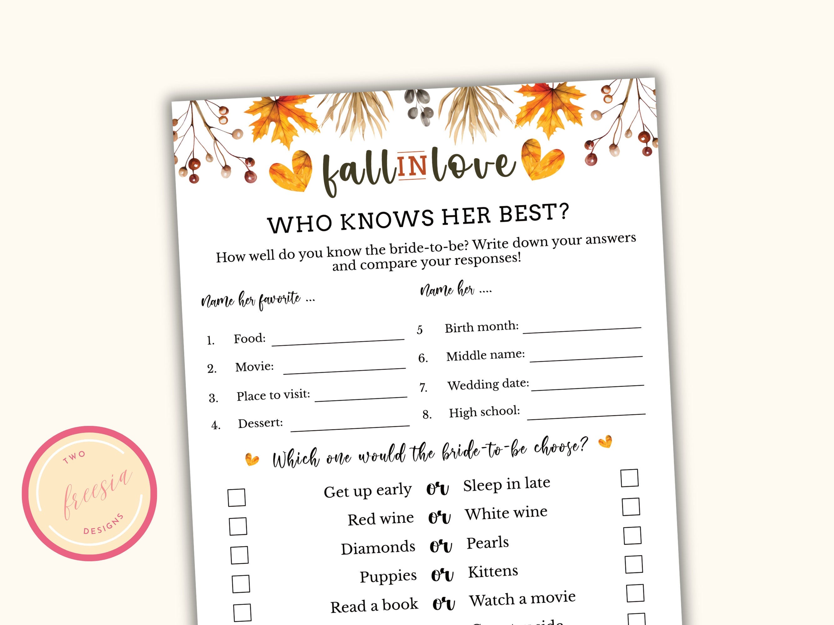 Who knows Her Best - Fall Bridal Shower Party Game