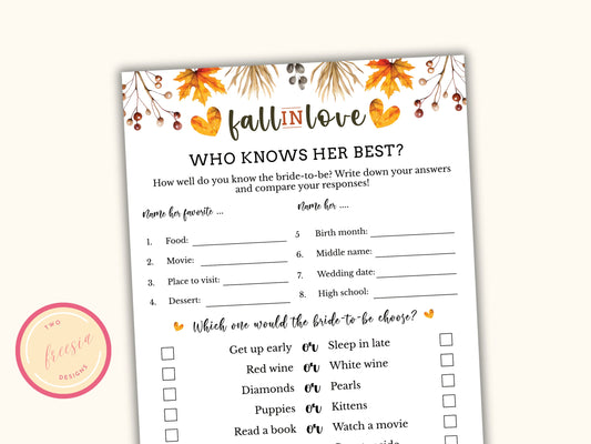 Who knows Her Best - Fall Bridal Shower Party Game
