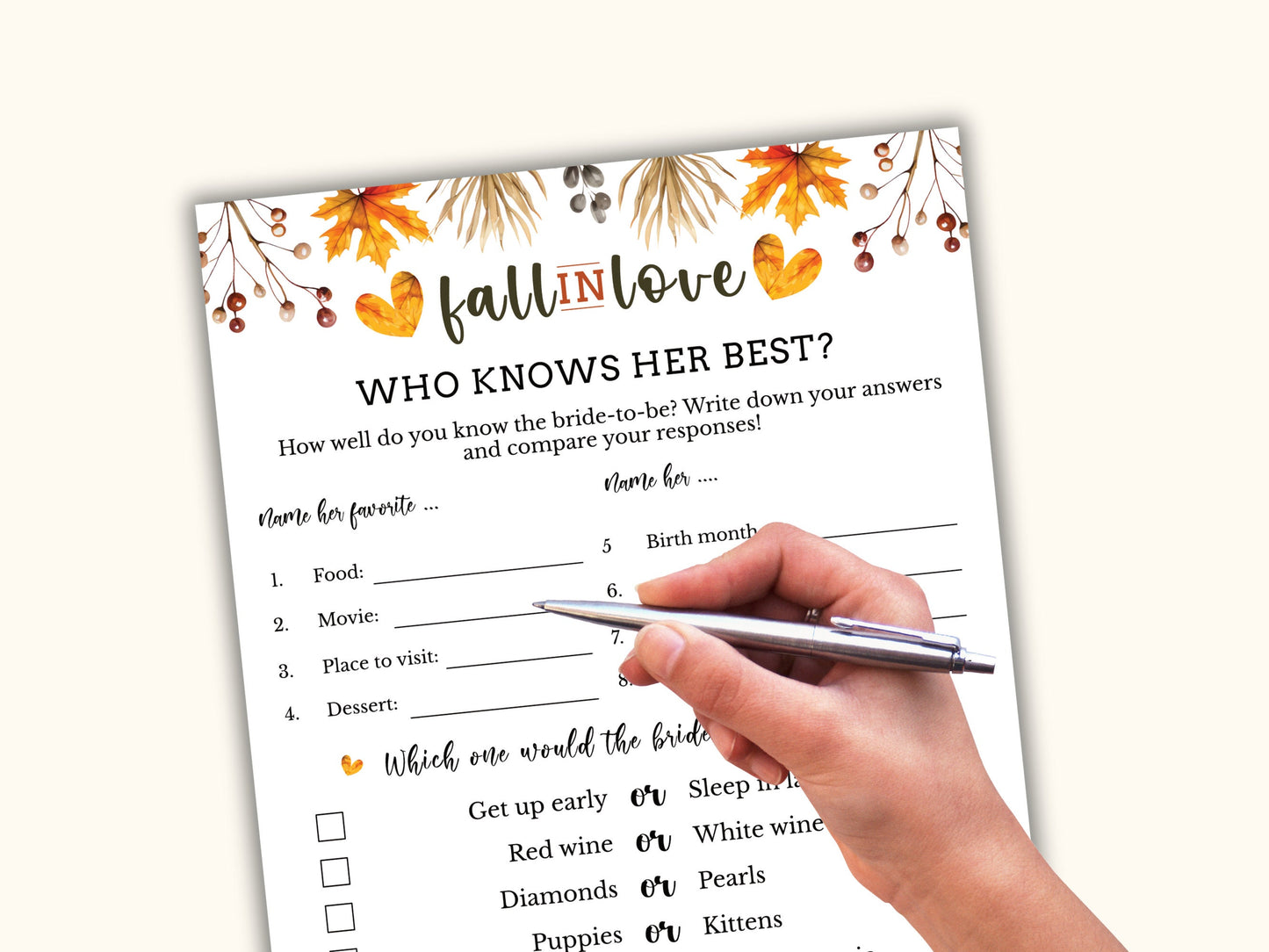 Who knows Her Best - Fall Bridal Shower Party Game