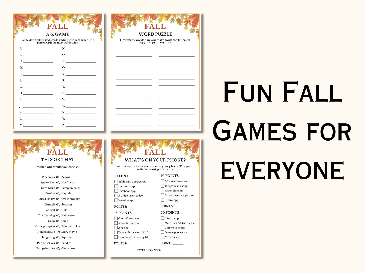 Fall Party Game Bundle - 12 Printable Games