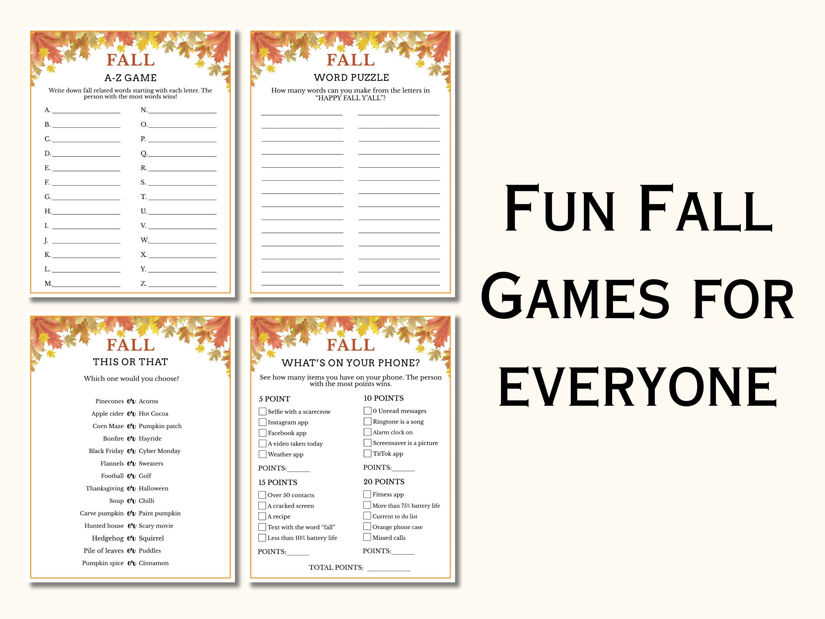 Fall Party Game Bundle - 12 Printable Games
