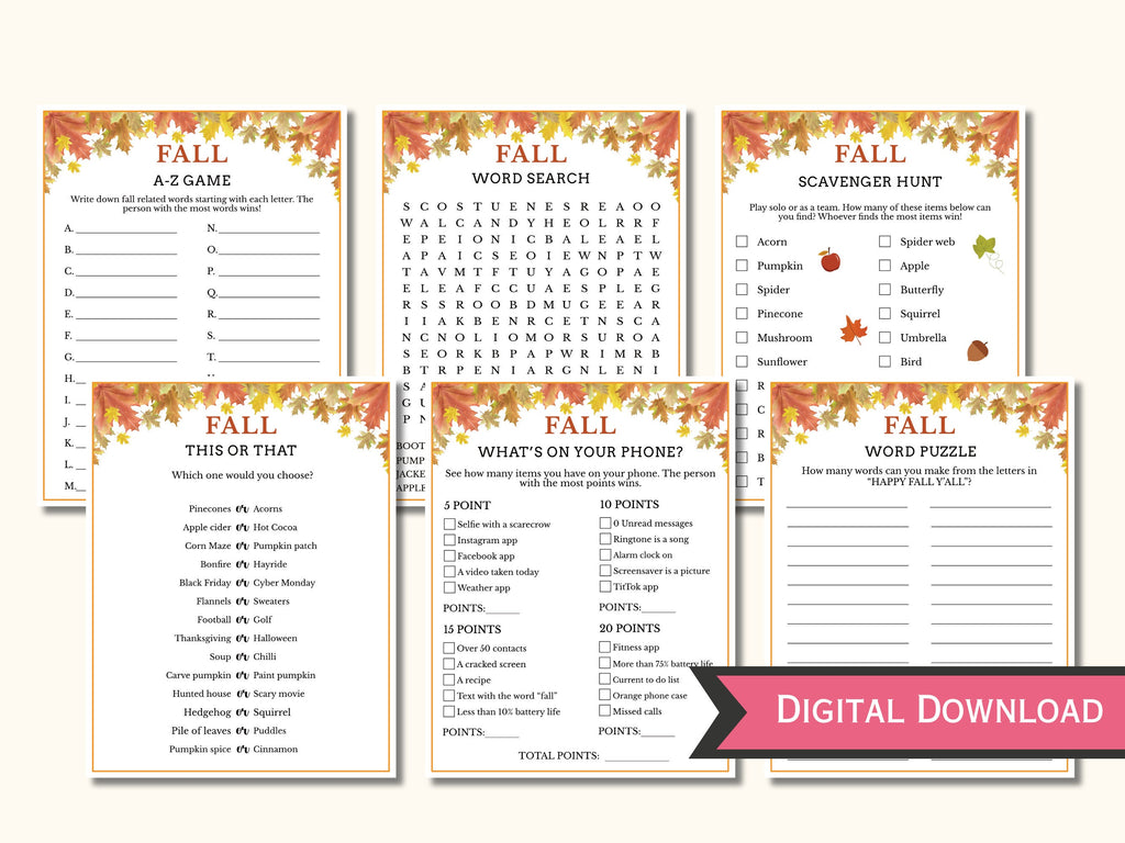 Fall Party Game Bundle - 12 Printable Games