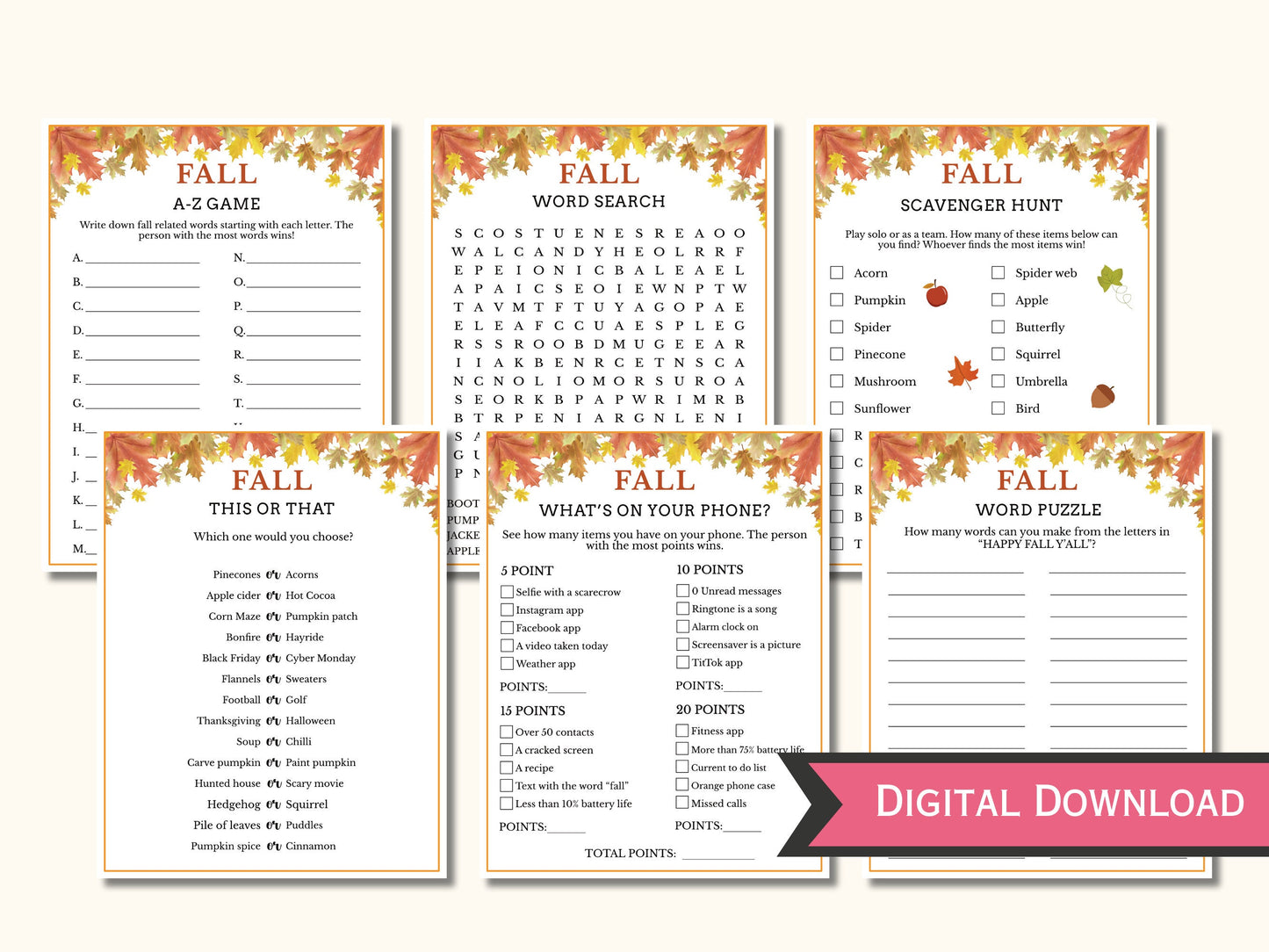 Fall Party Game Bundle - 12 Printable Games
