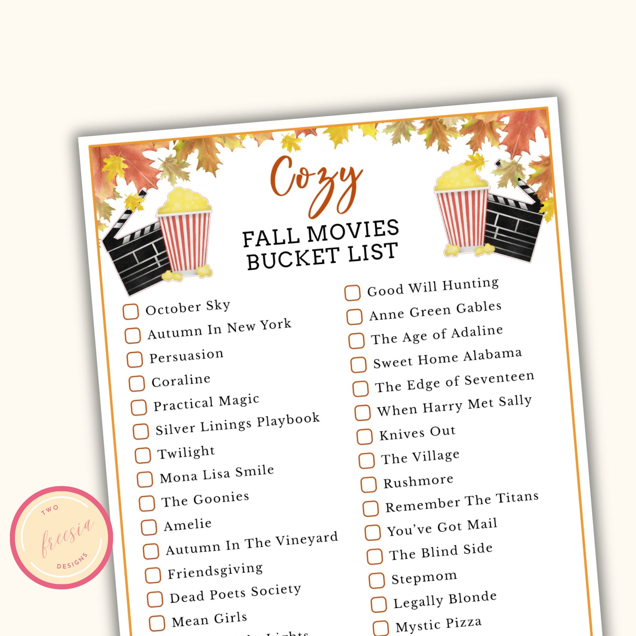 Cozy Fall Movies Bucket List - Printable Game