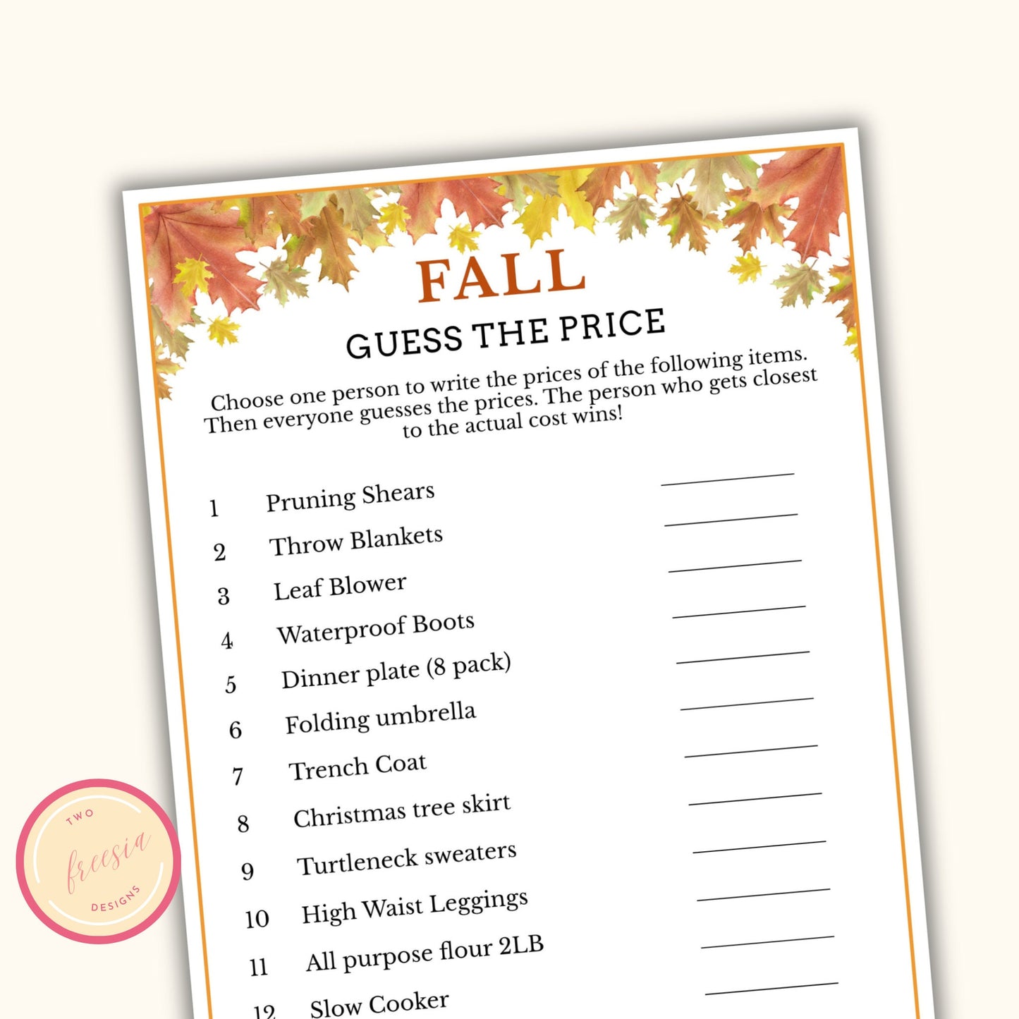 Guess the Price - Fall Party Game