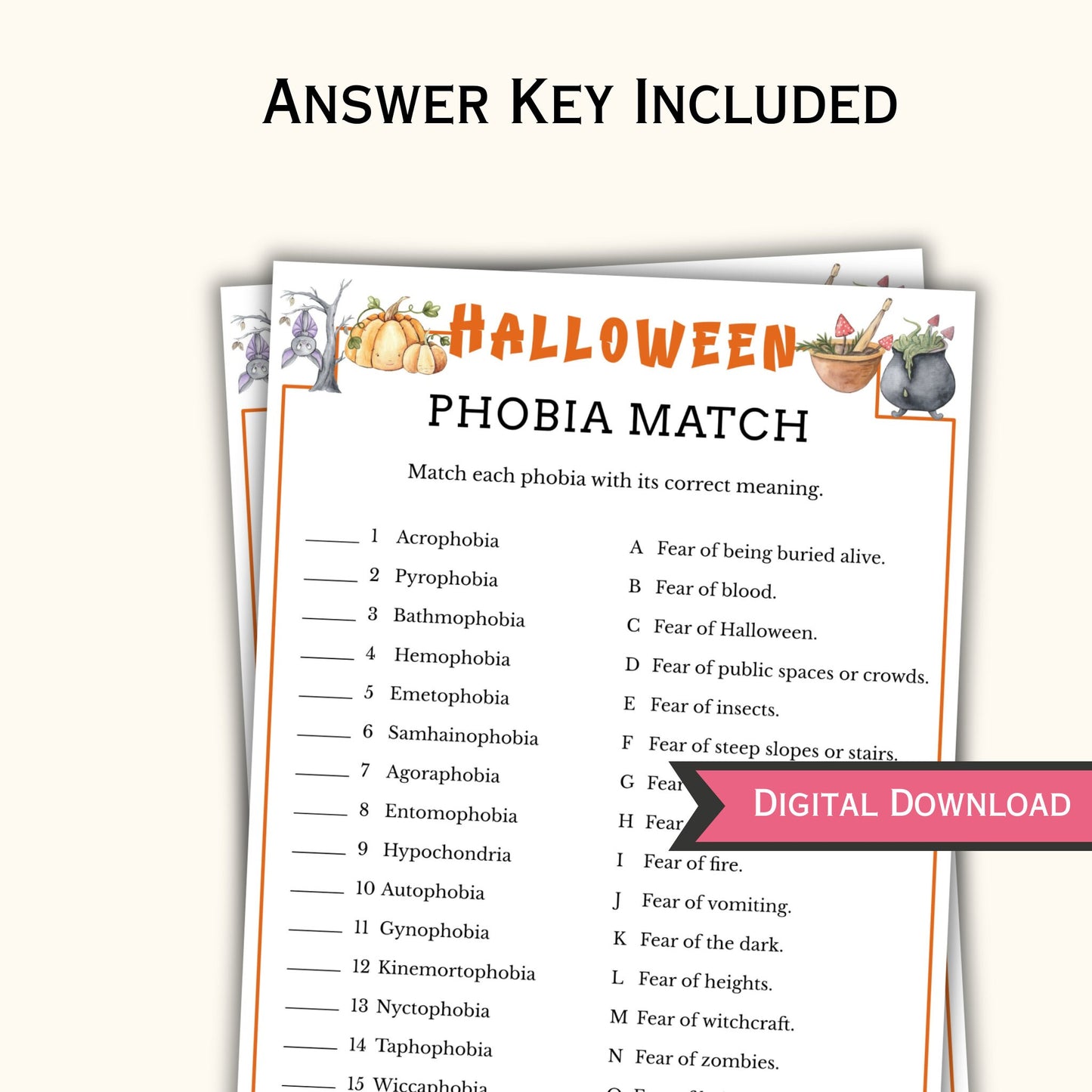 Phobia Match Up - Halloween Party Game