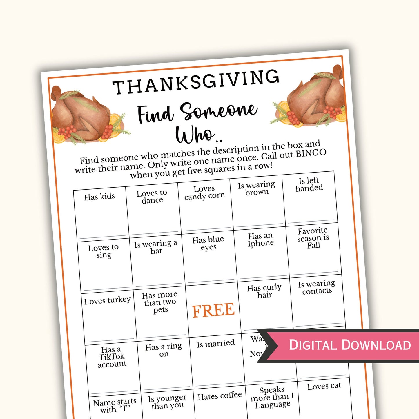 Thanksgiving Find the Guest Bingo Game