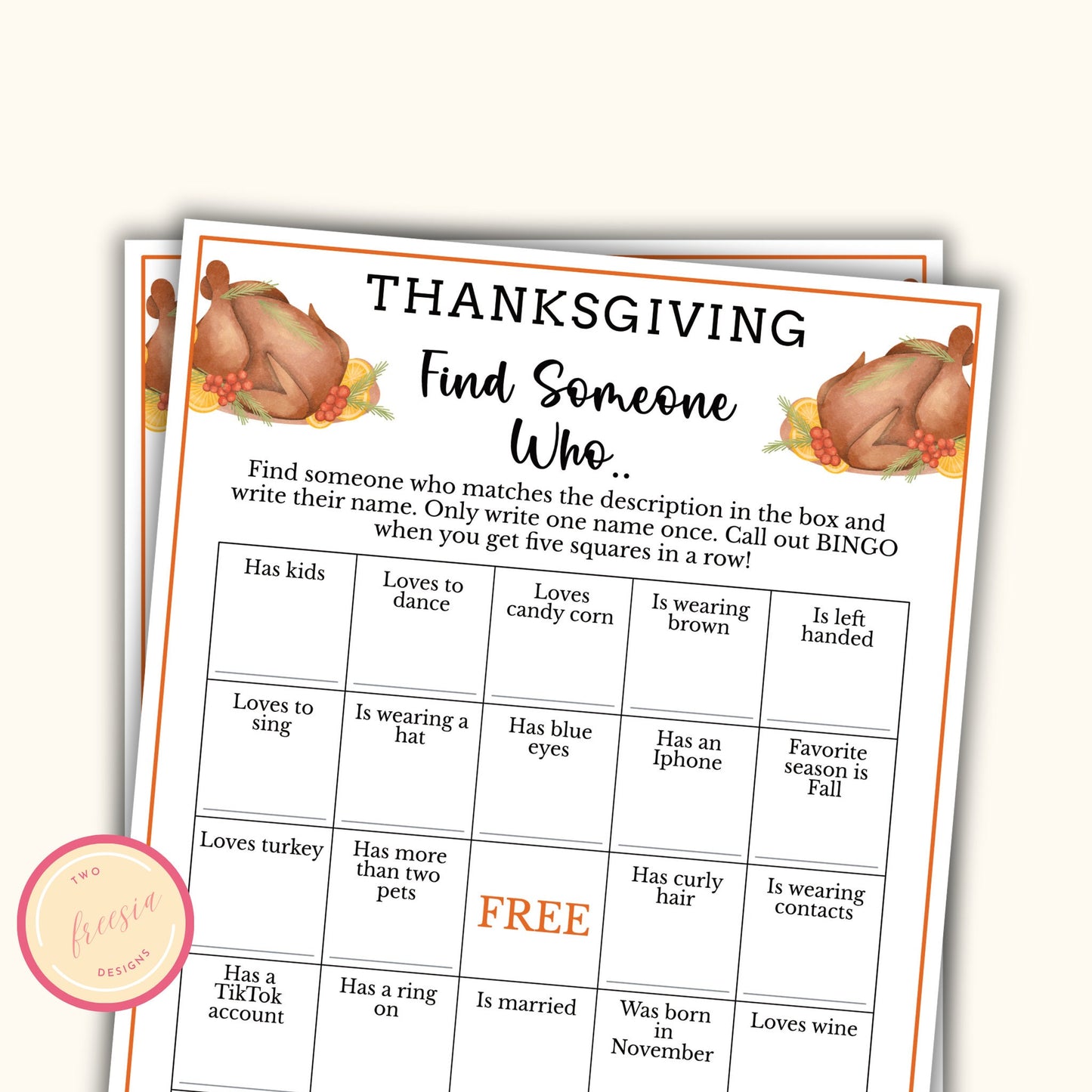 Thanksgiving Find the Guest Bingo Game