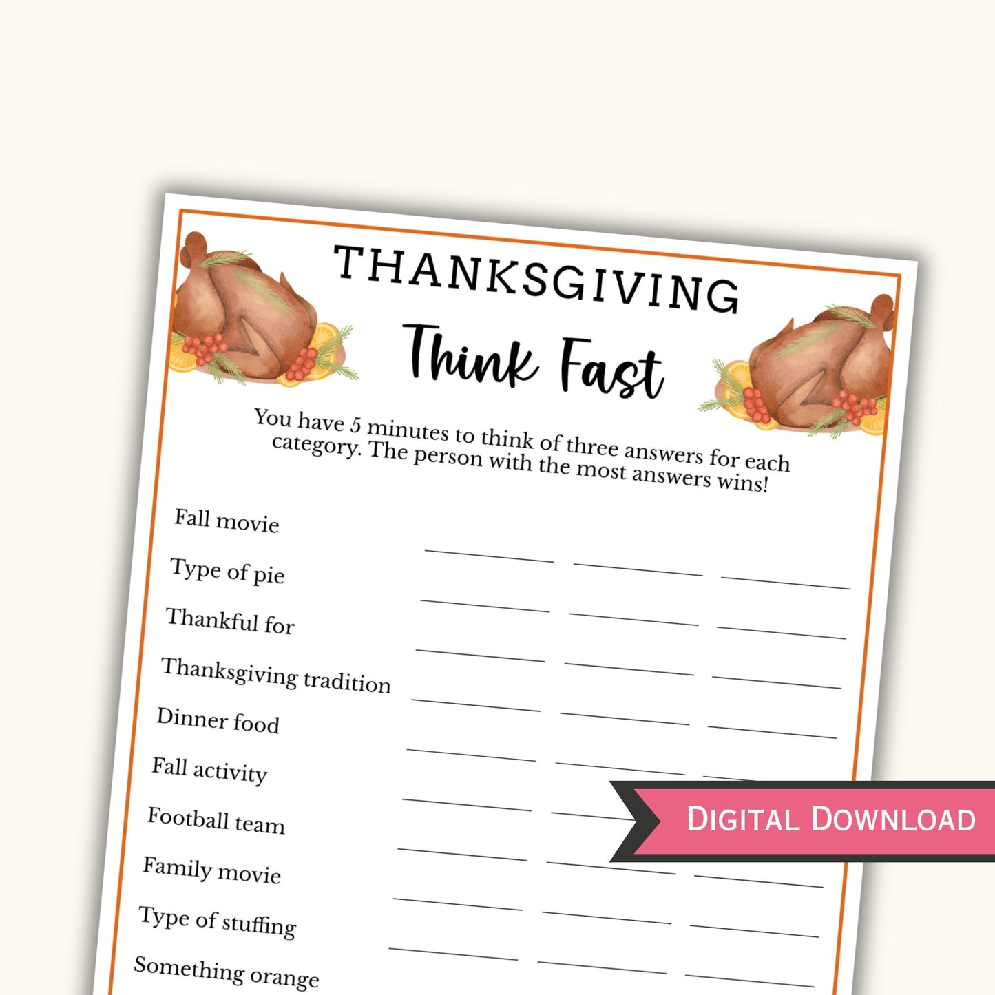 Think Fast Thanksgiving Game