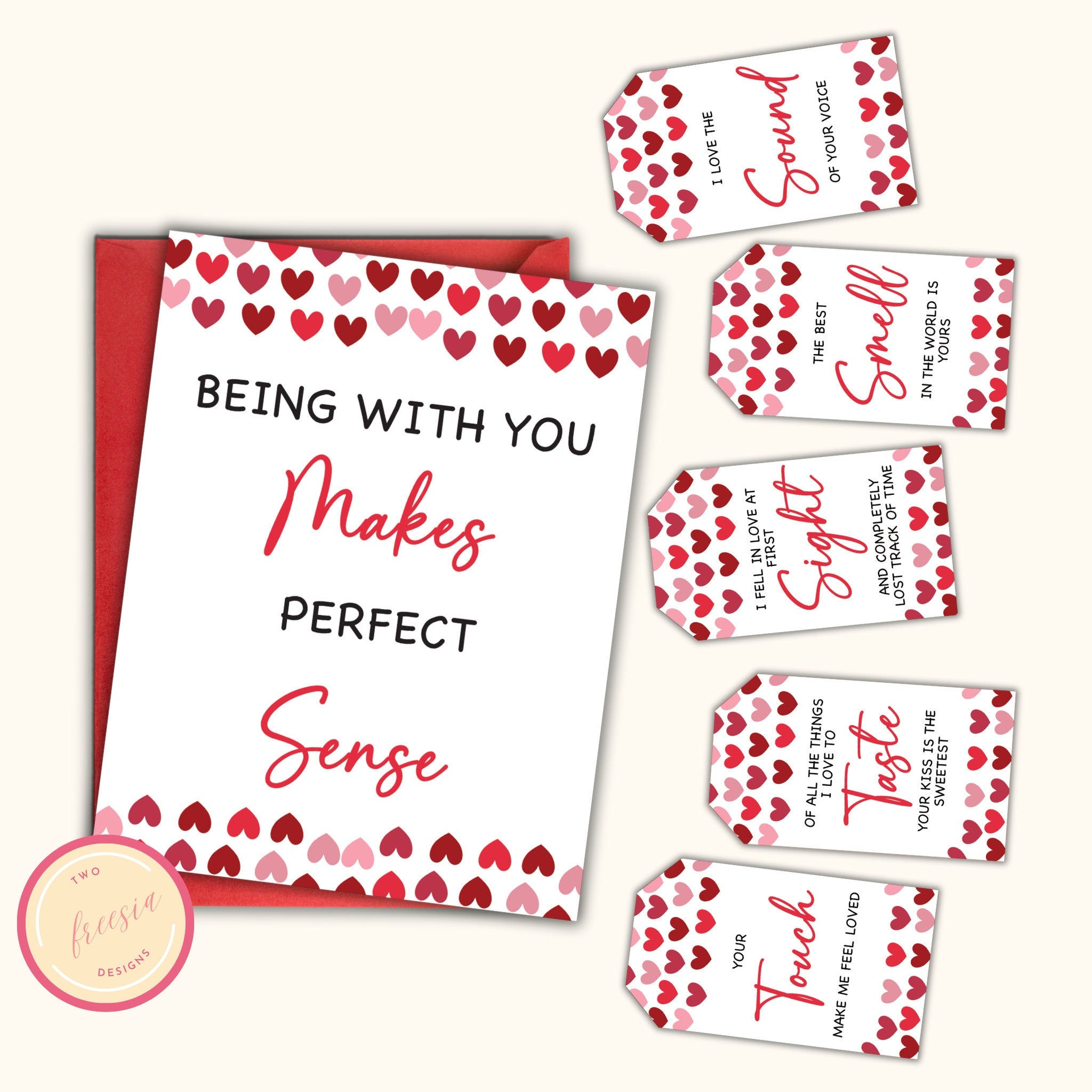 5 Senses Gift Tags & Card - Red Hearts