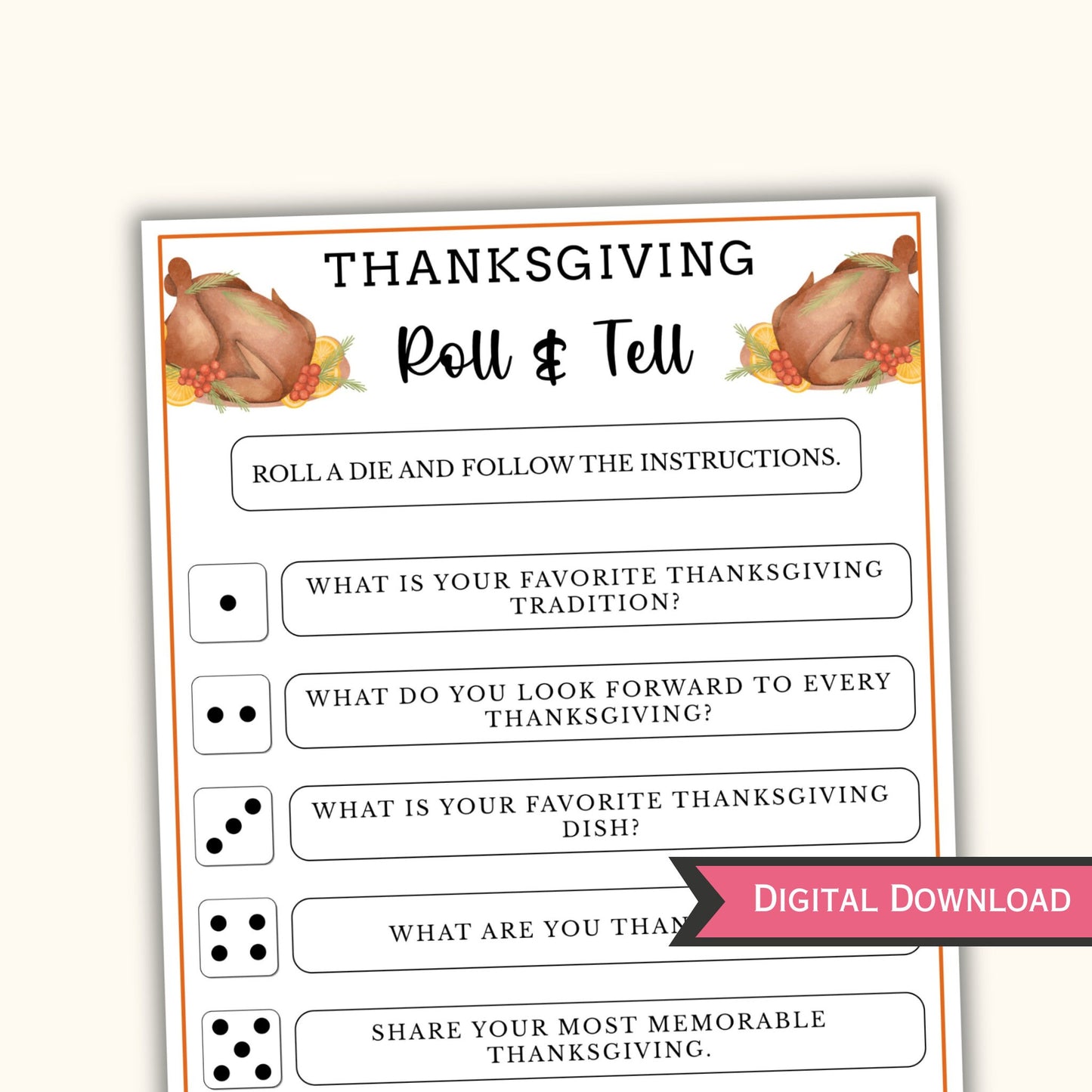 Roll & Tell Thanksgiving Dice Game