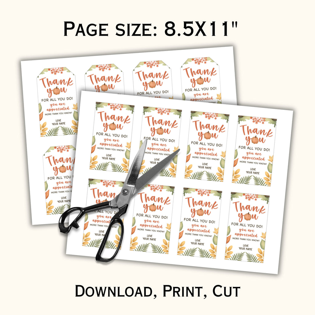 Fall Appreciation "Thank You" Tags - Editable Template