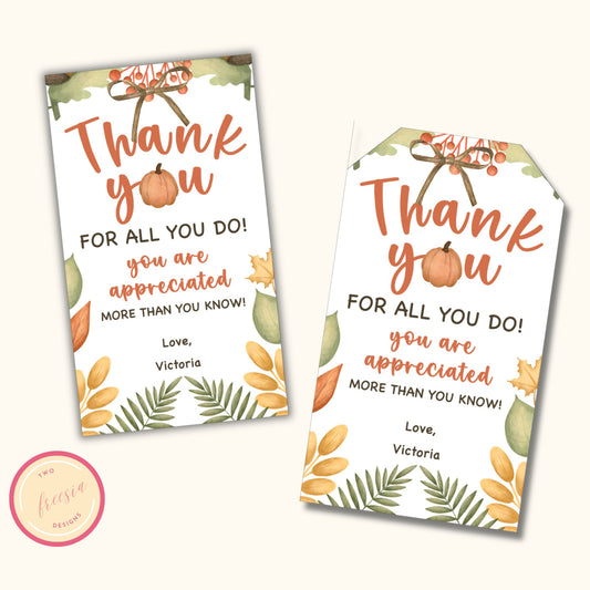 Fall Appreciation "Thank You" Tags - Editable Template