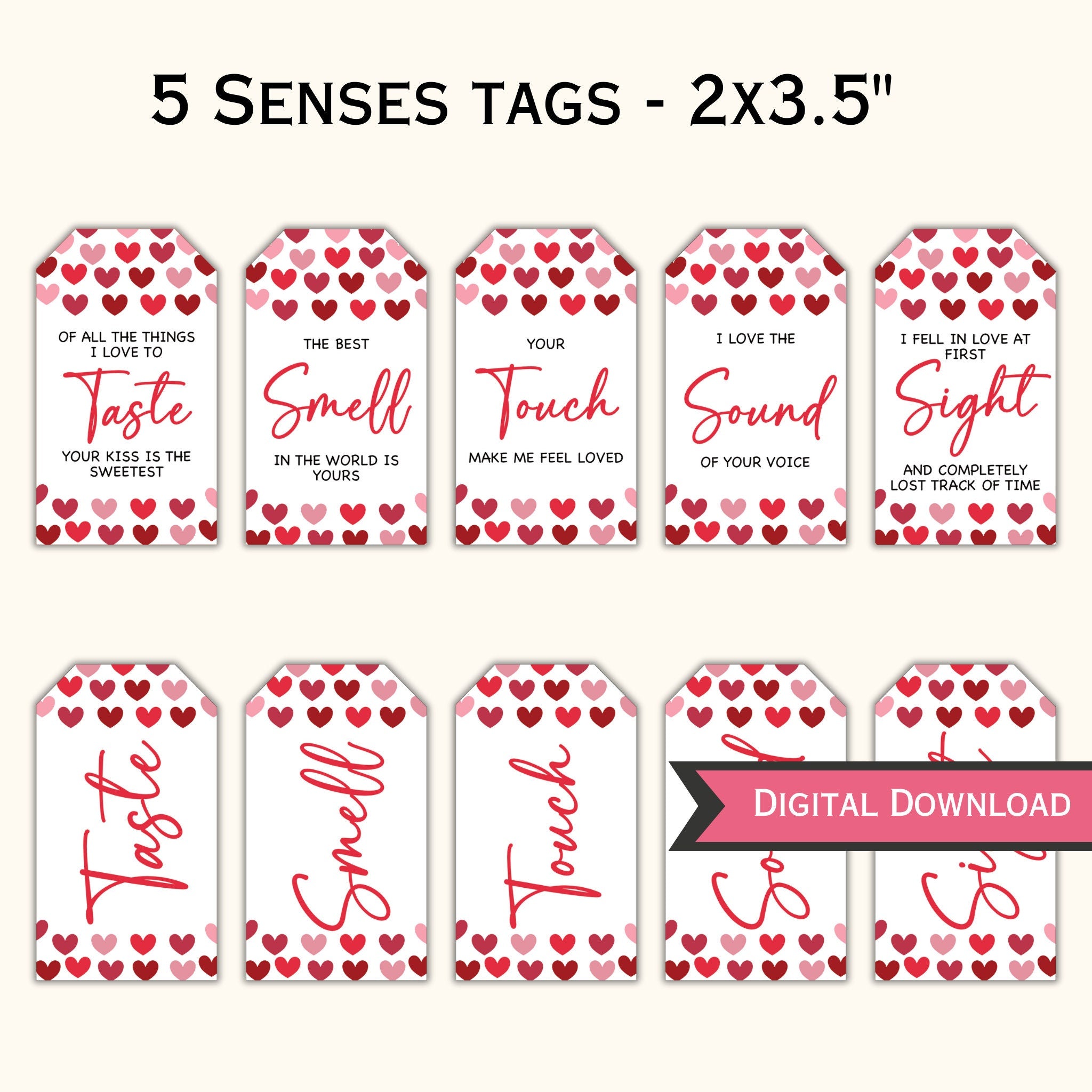 5 Senses Gift Tags & Card - Red Hearts