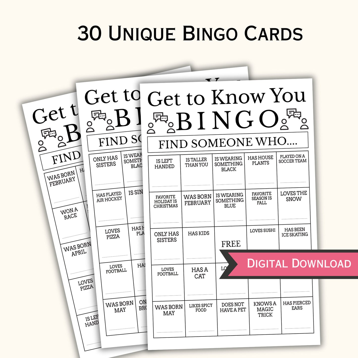 Get to Know You Bingo - 30 Cards