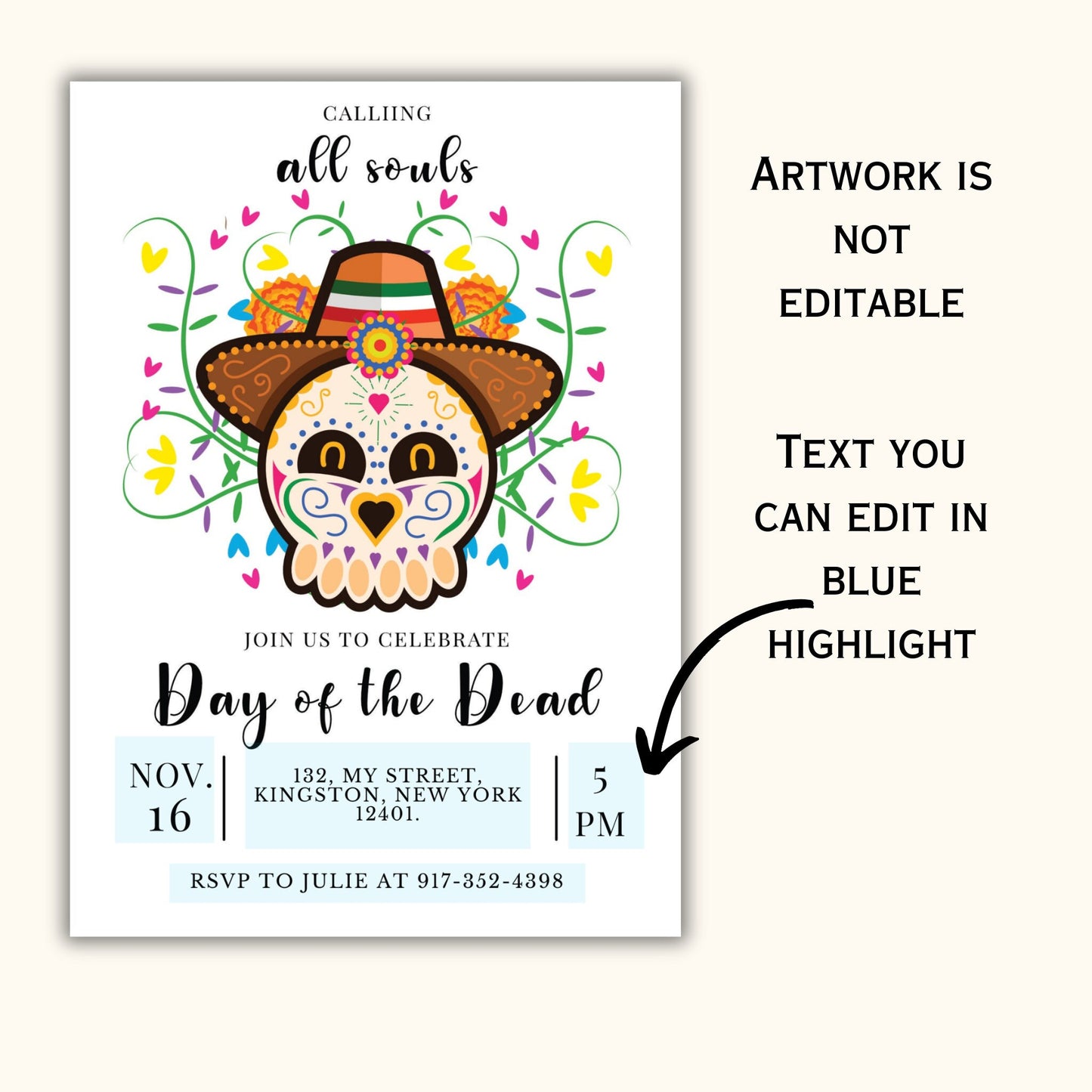 Dia de los Muertos Party Invitation - Editable Template