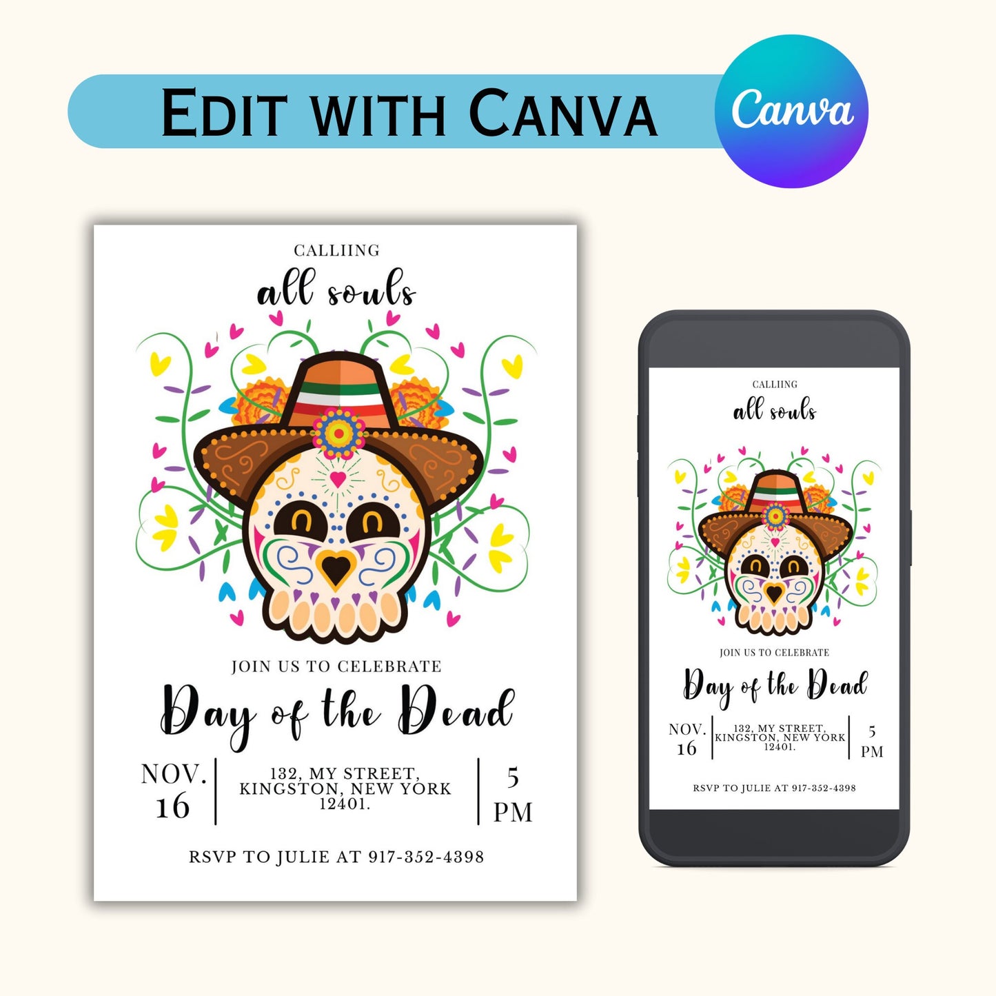 Dia de los Muertos Party Invitation - Editable Template