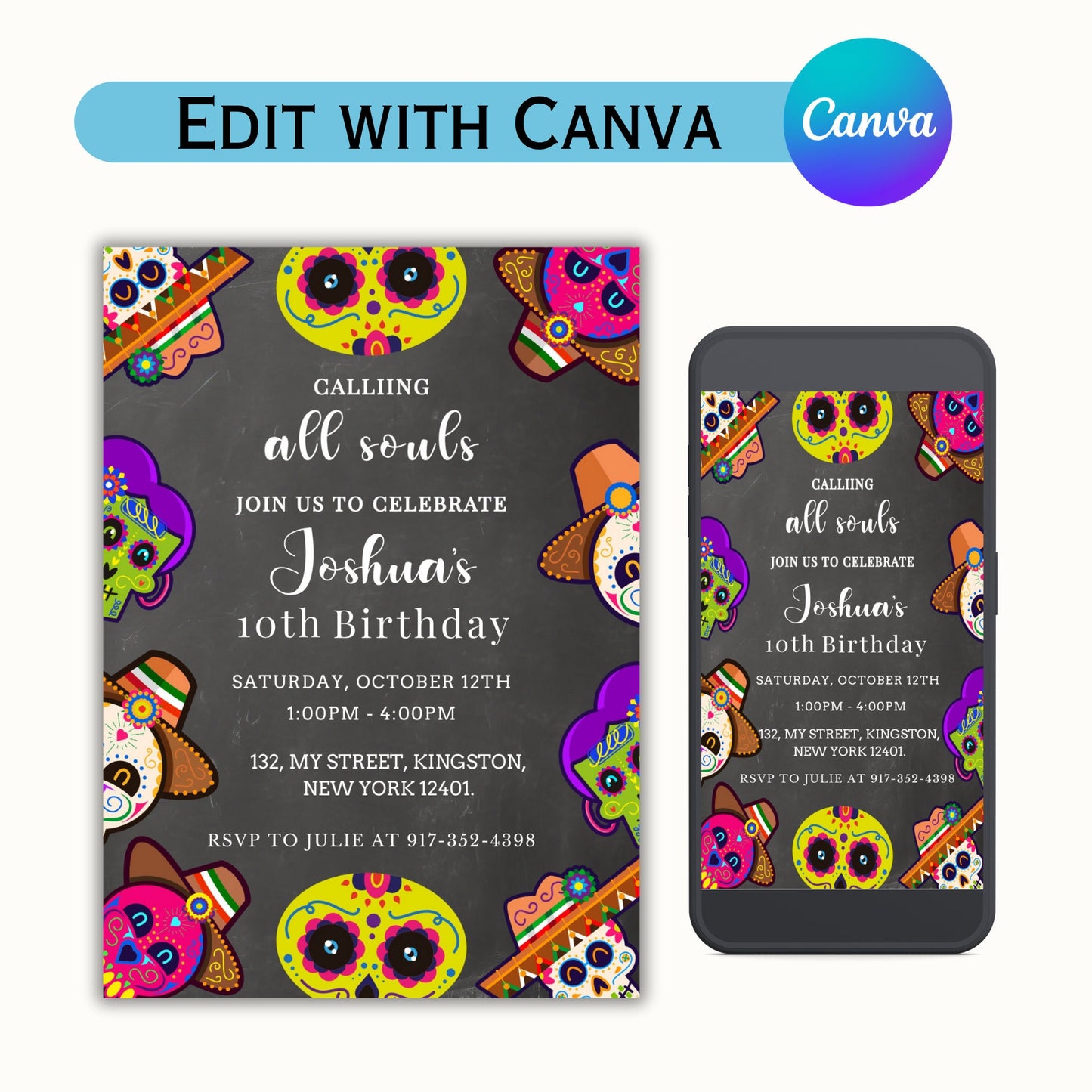 Dia de los Muertos Birthday Party Invitation - Editable Template