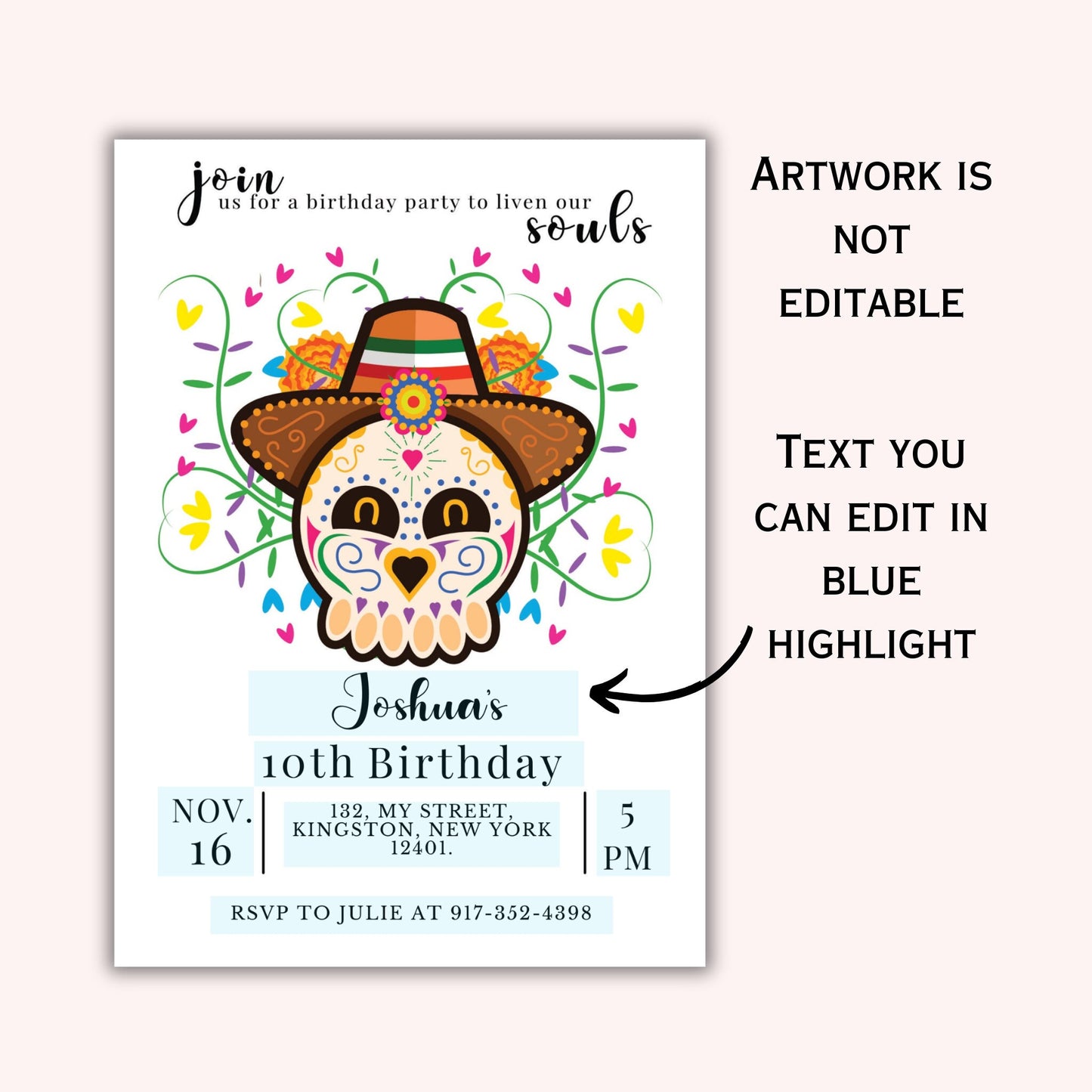 Day of the Dead Birthday Party Invitation - Editable Template