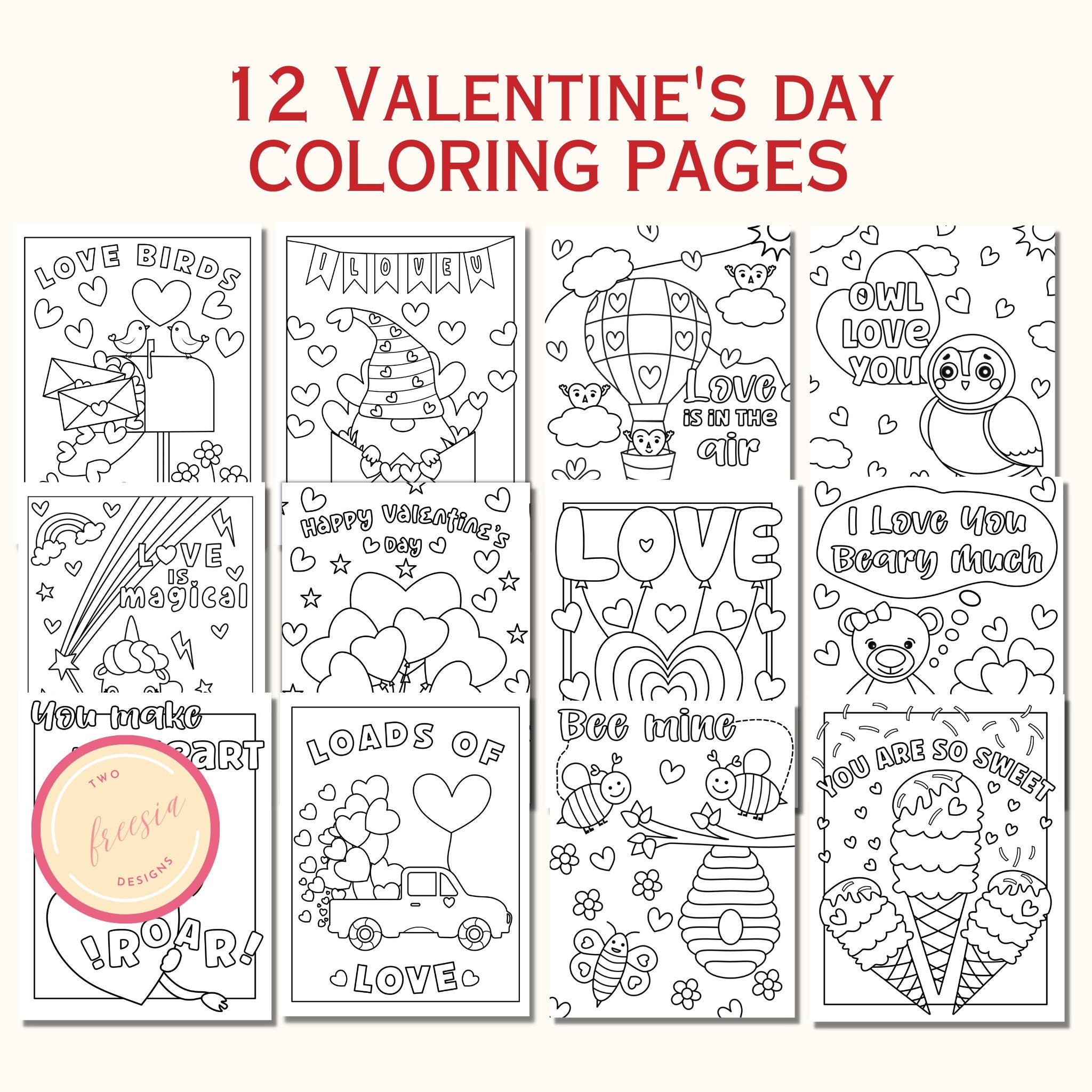 Valentine's Day Coloring Pages for Kids - (12 Pages)