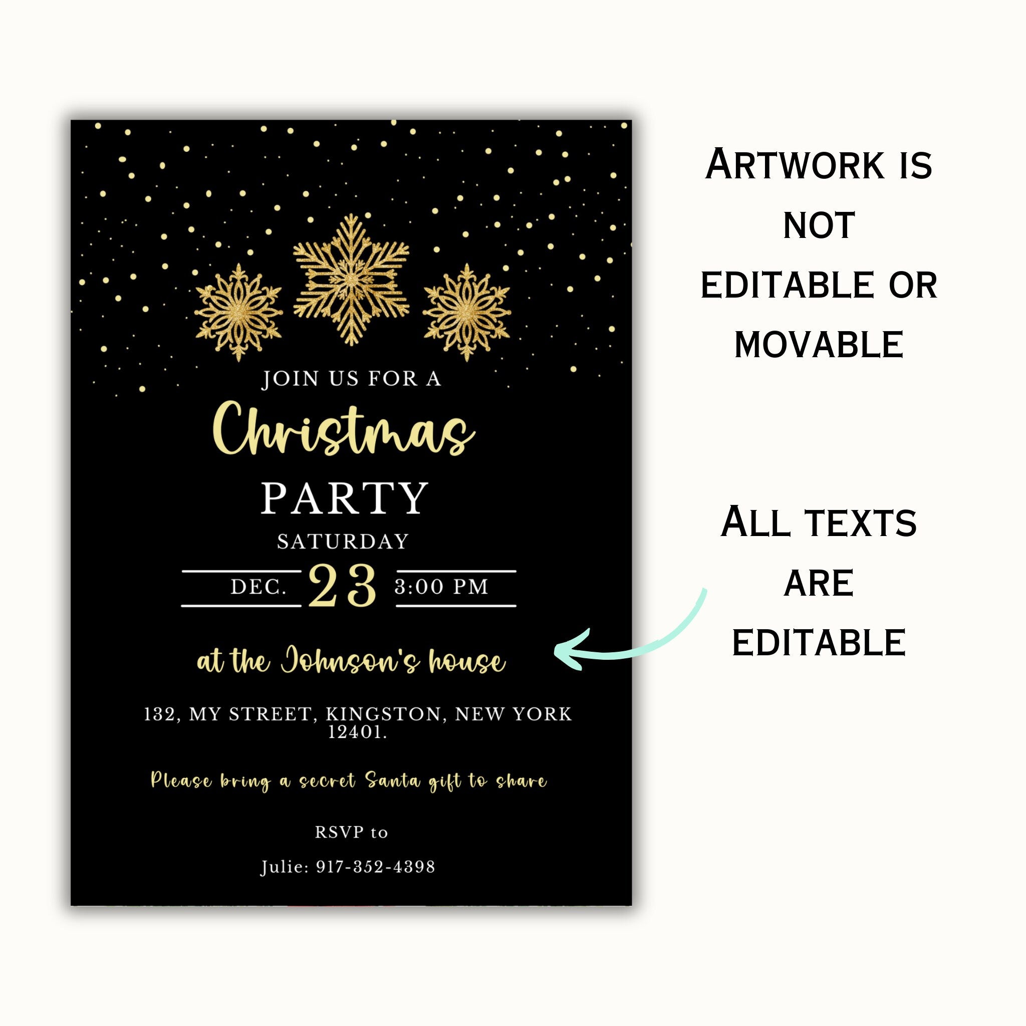 Editable Black & Gold Christmas Party Invitation