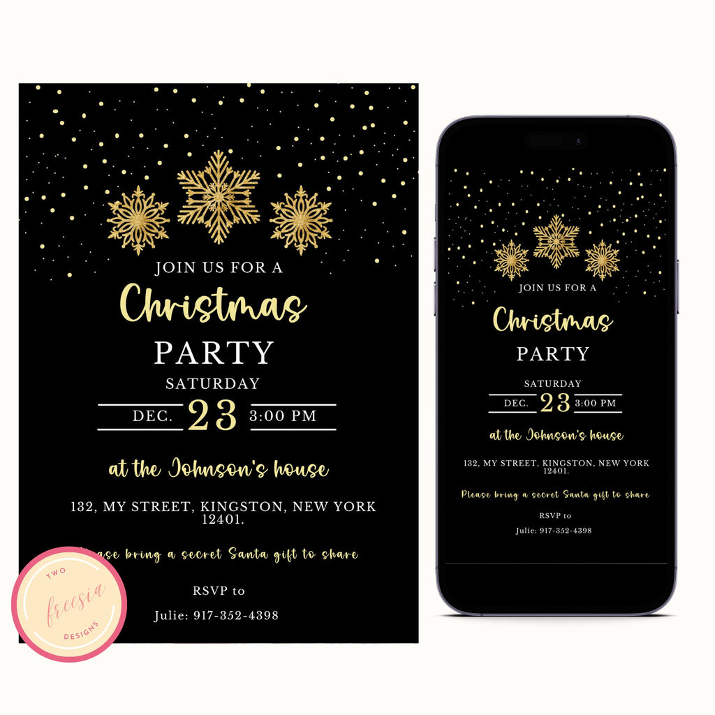 Editable Black & Gold Christmas Party Invitation