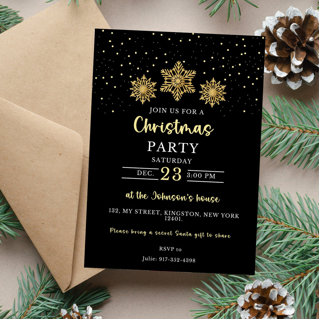 Editable Black & Gold Christmas Party Invitation