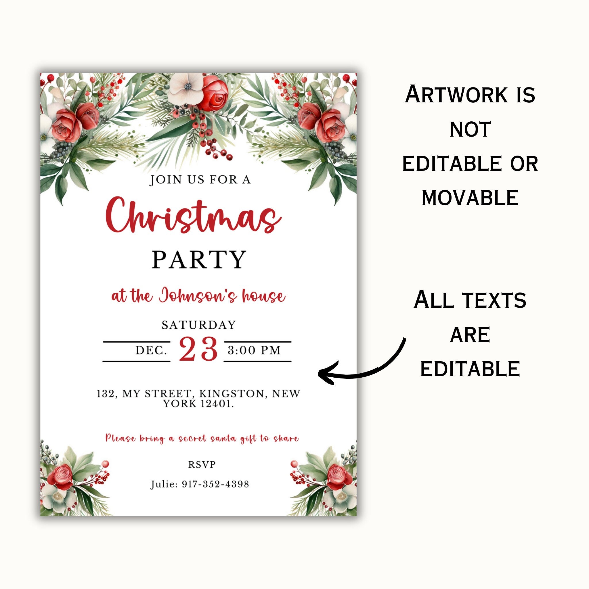 Editable Floral Christmas Party Invitation