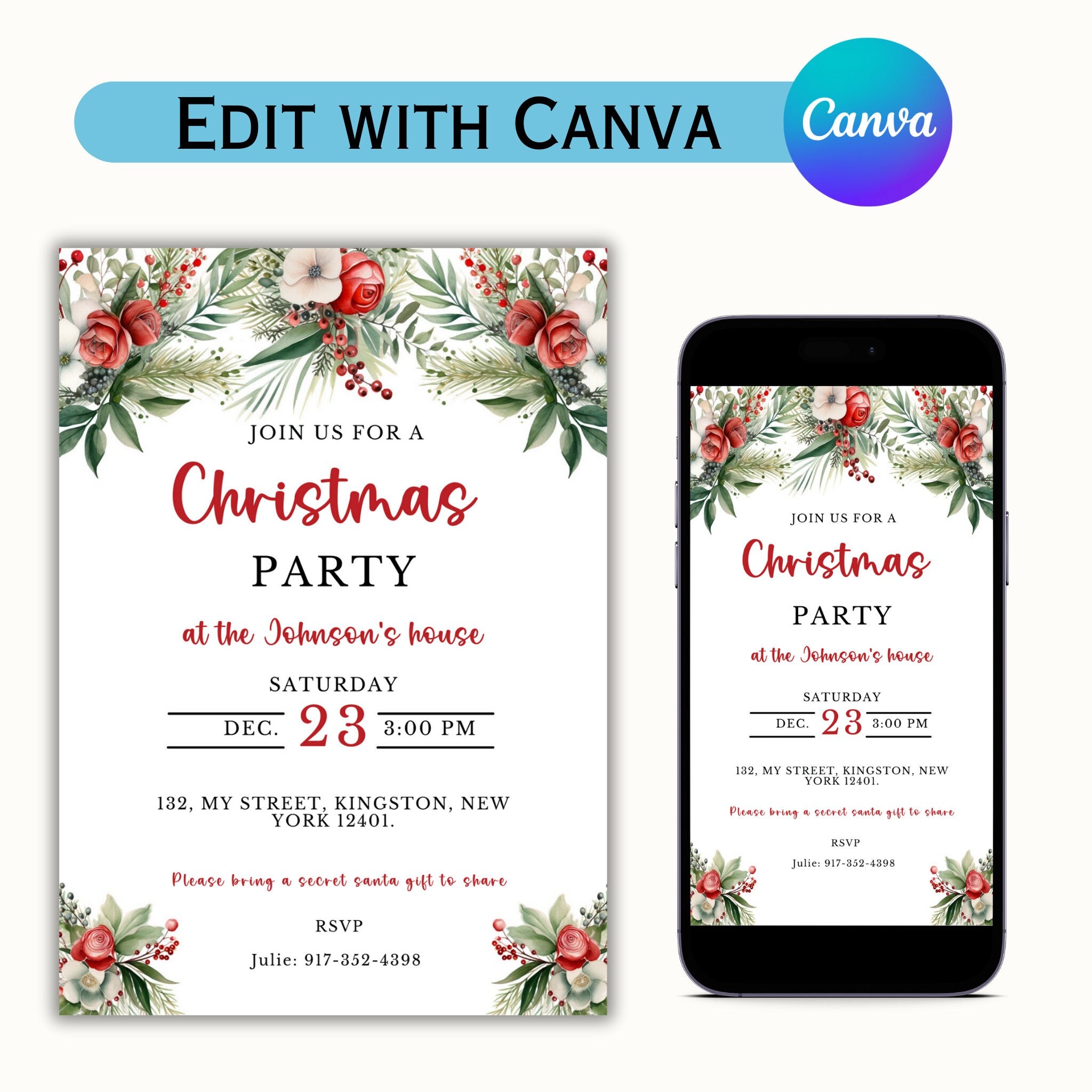 Editable Floral Christmas Party Invitation